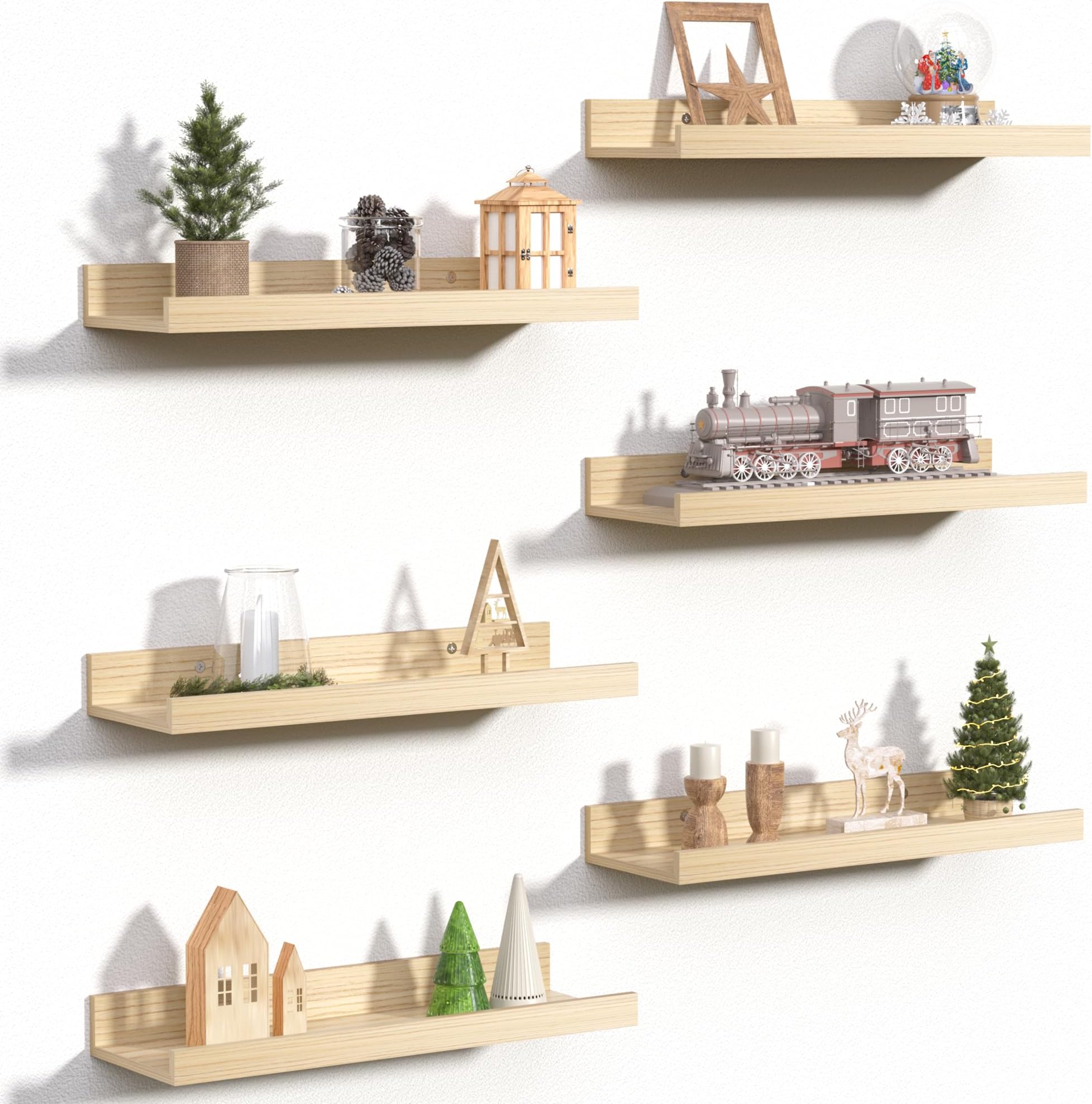upsimples Floating Shelves for Wall, Wall Shelves for Decor Storage Set of 6, Wall Mounted Wood Shelf for Bedroom, Living Room, Bathroom, Kitchen, Picture Ledge Shelves, Natural