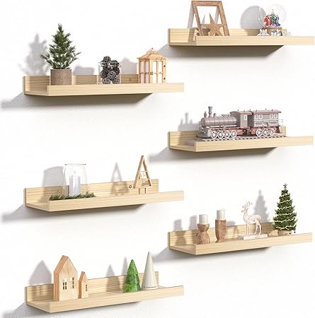 Floating Shelves for Wall, Wood Mounted Shelf Decor Storage Set of 6, Picture Ledge, Natural