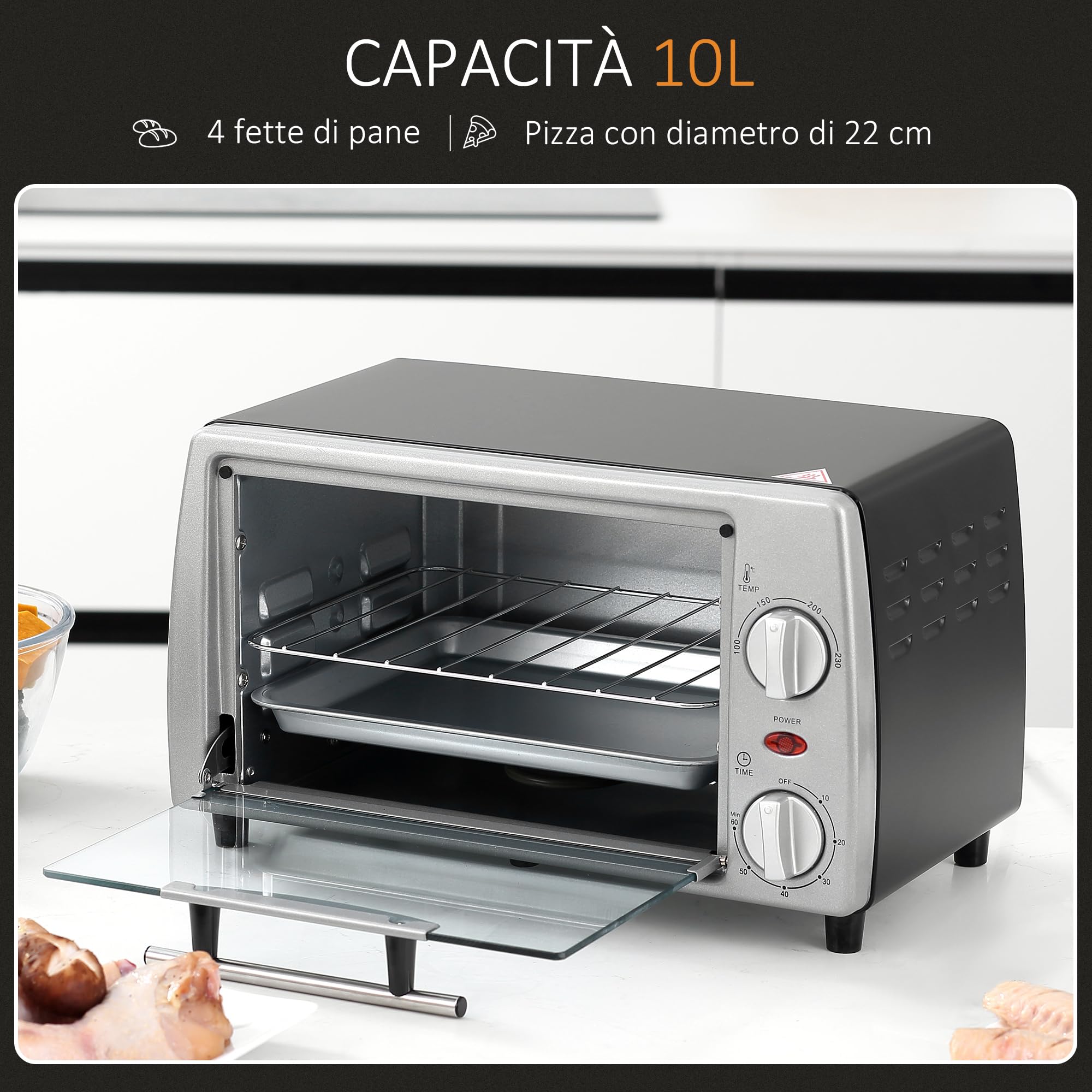 HOMCOM Fornetto Elettrico 10L 750W 36.5x26x22cm Argento Nero