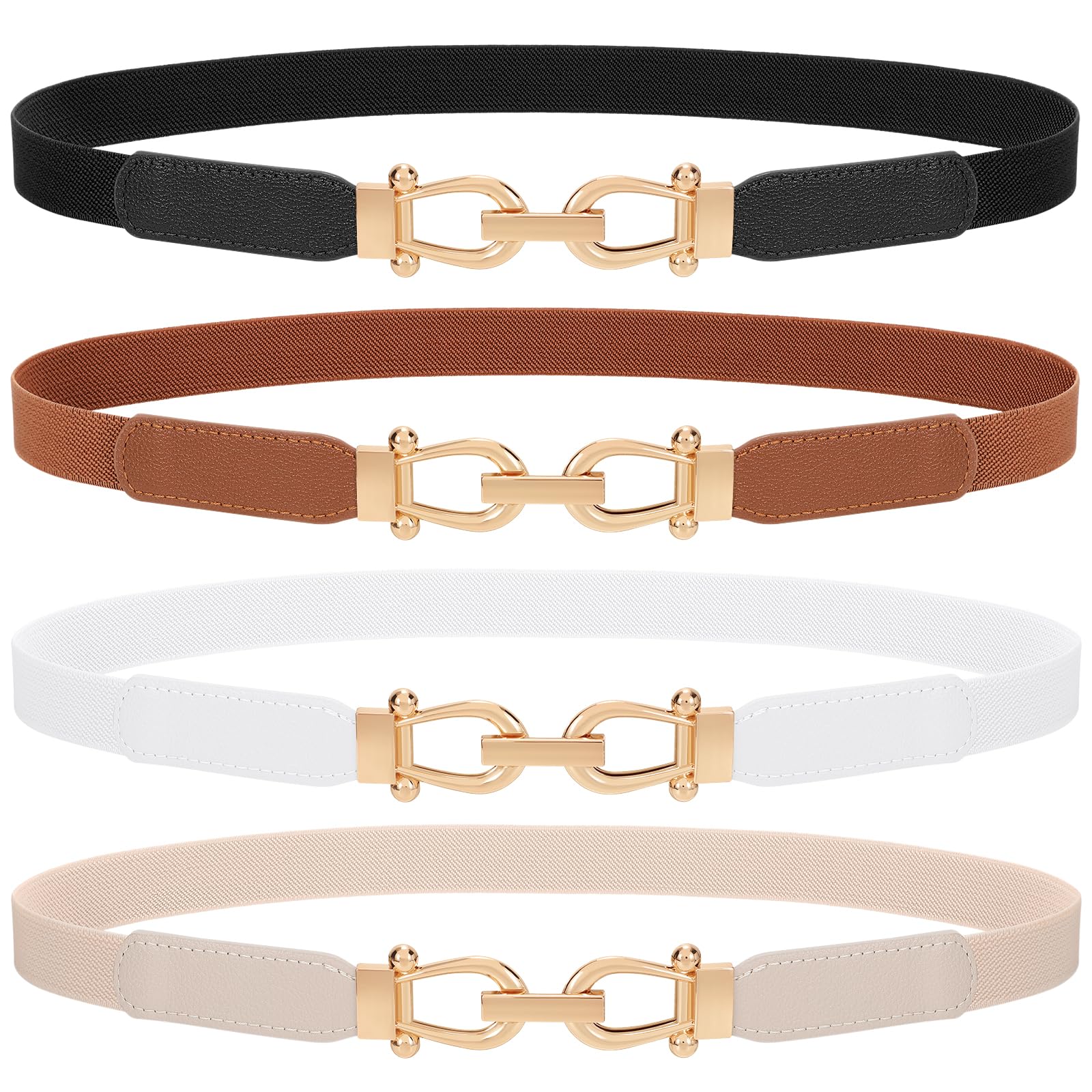 TRIWORKS 4 Pack Women Skinny Elastic Belts Gold Buckle Thin Stretchy Waist Belts for Dresses