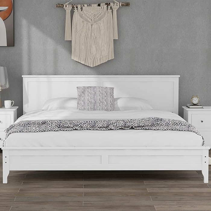 Buy Wood Bed King Size 800lbs Heavy Duty,JULYFOX Pure White Solid Pine