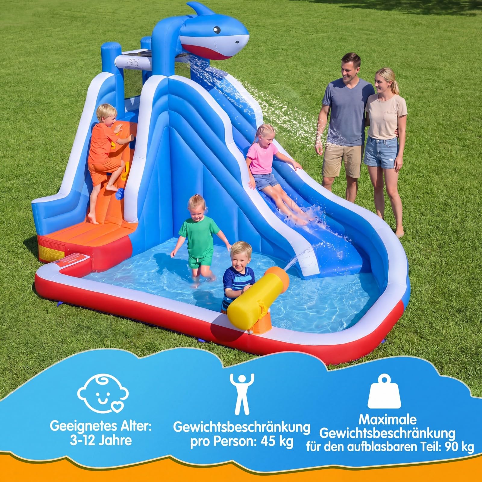 COSTWAY Hüpfburg mit Wasserrutsche, Kletterwand, Wasserkanone & Planschbecken, Wasserhüpfburg für Kinder, Wasserpark für Außenbereich, 401 x 307 x 255 cm