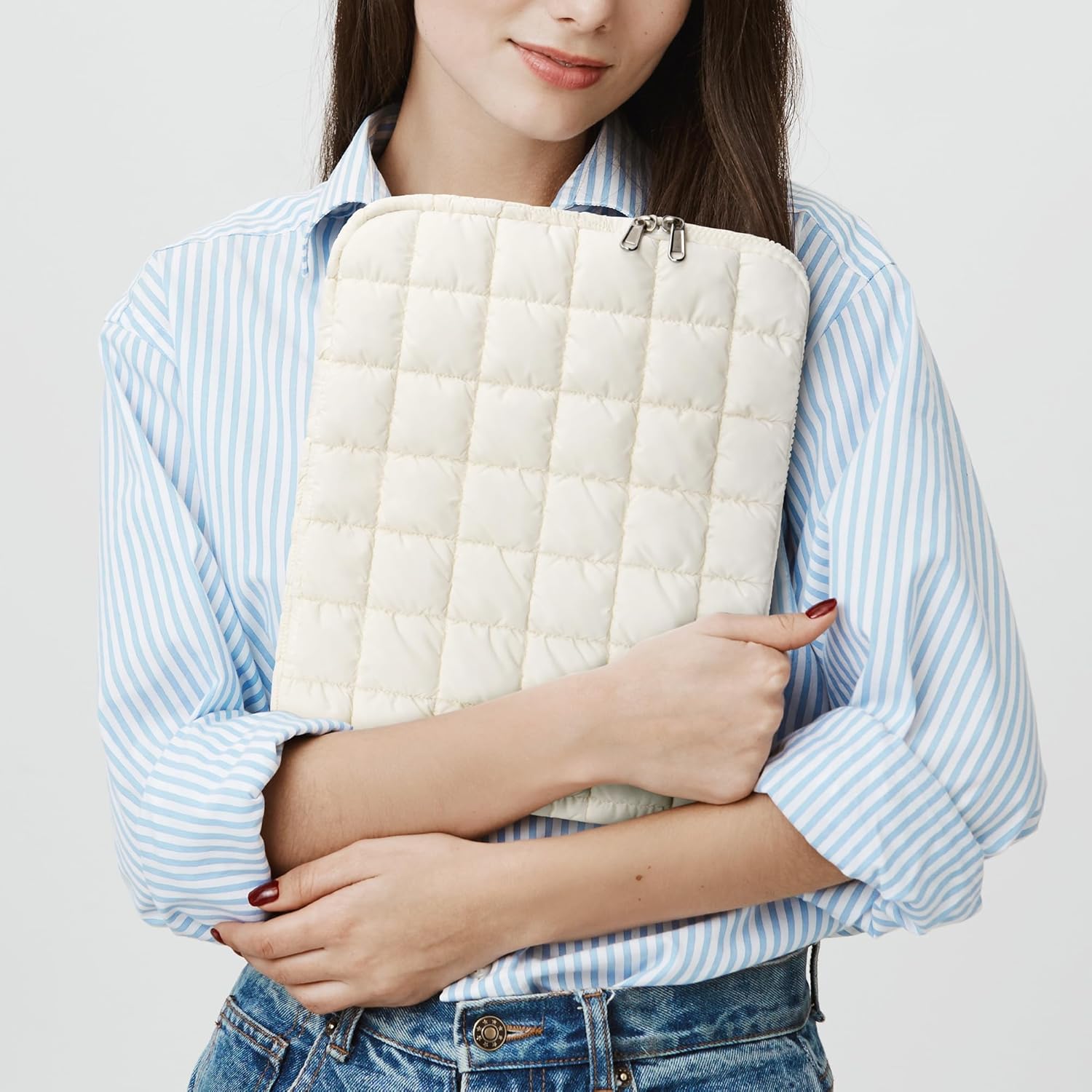 Quilted Cloud Puffy Laptop Sleeve White 13-14 Inch, Protective Carrying Case with Data Cable Bag, Compatible with MacBook Pro 14-Inch M4, 13 Inch iPad Pro, HP,Asus,Dell, Tablets Notebook