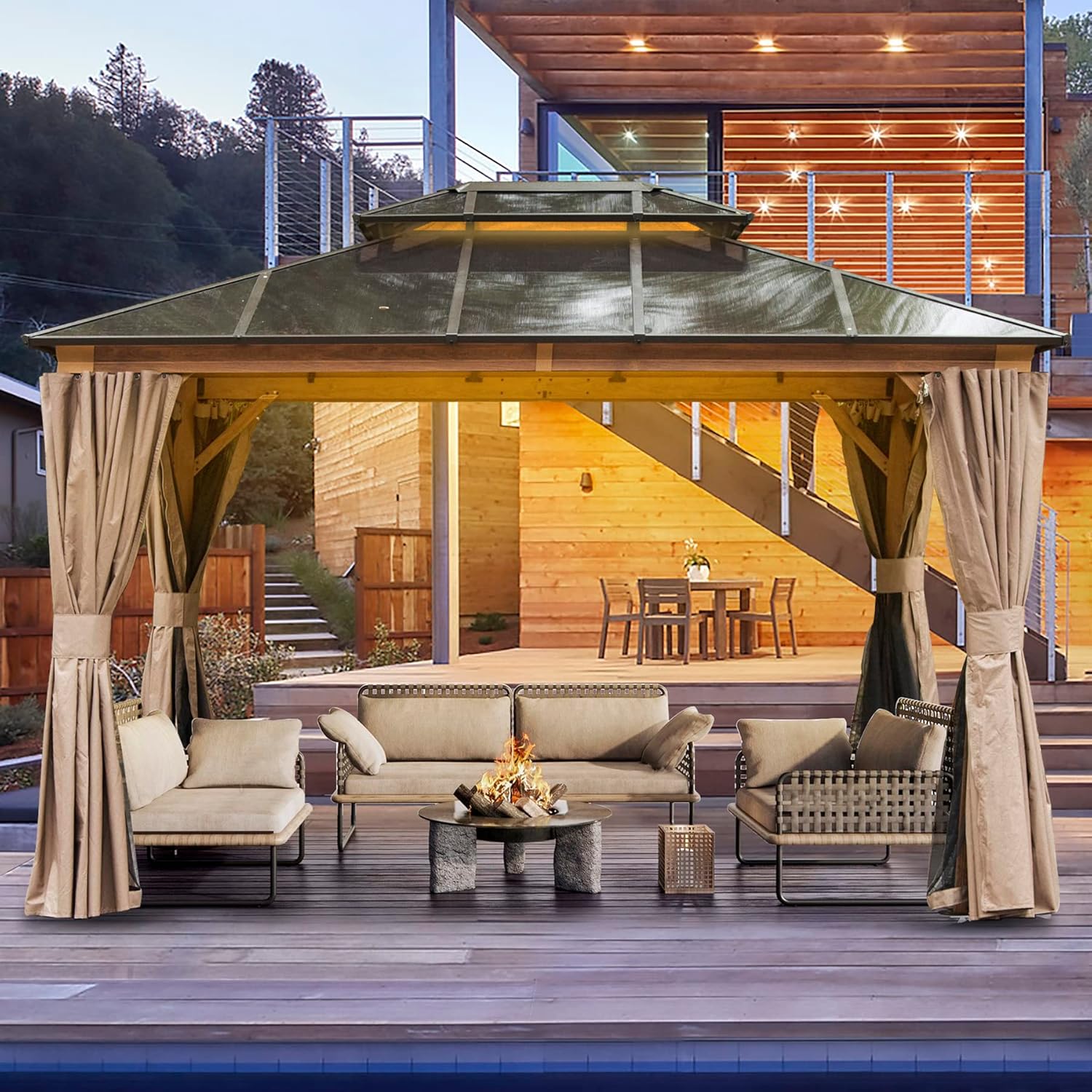Domi 10' X 12' Hardtop Gazebo with Polycarbonate Double Roof, Aluminum Frame, Curtains & Netting, All-Weather Backyard Shade Structure for Patio, Garden, Deck, and Lawn, Wood-Look Finish