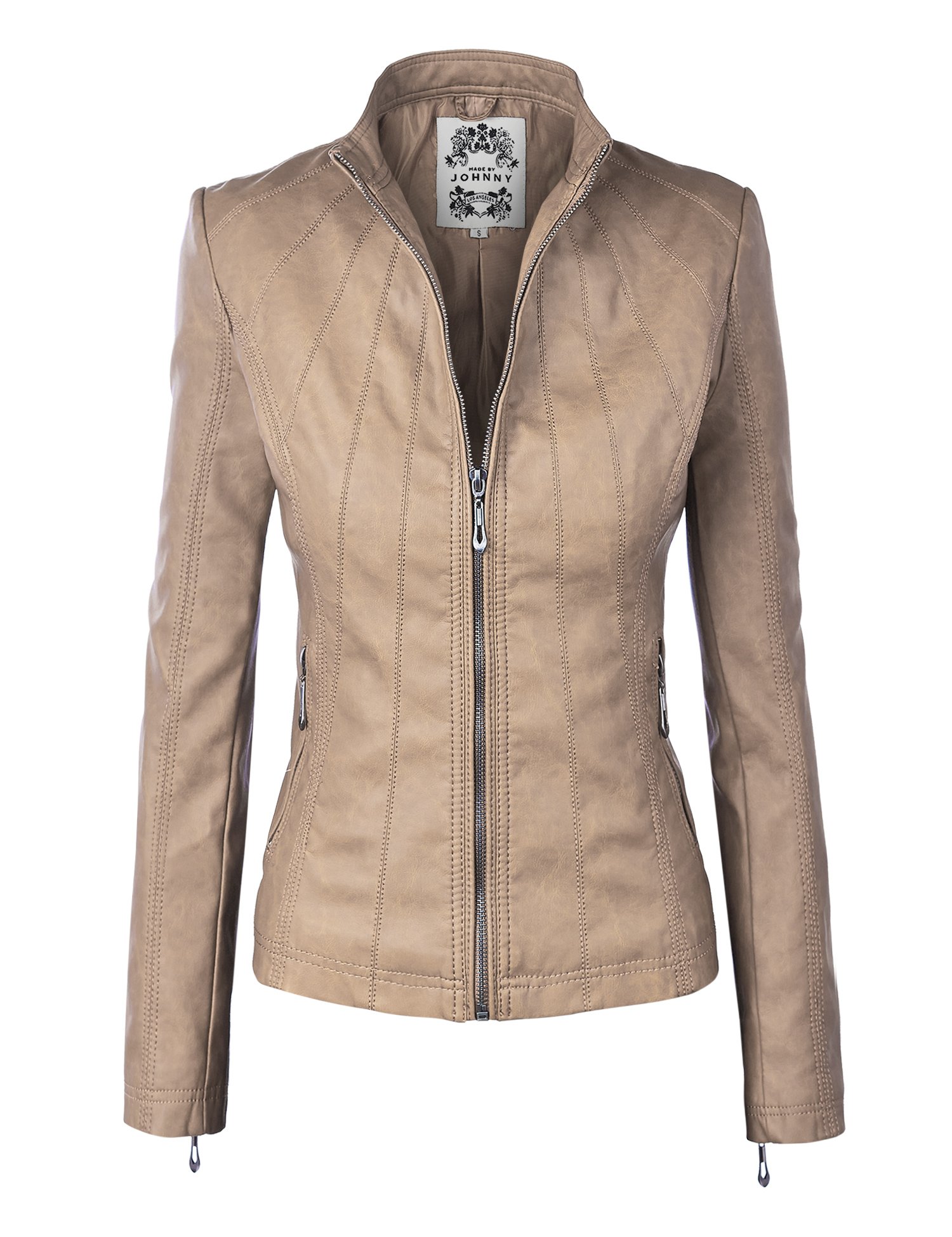 MBJ Womens Faux Leather Zip Up Moto Biker Jacket with Stitching Detail