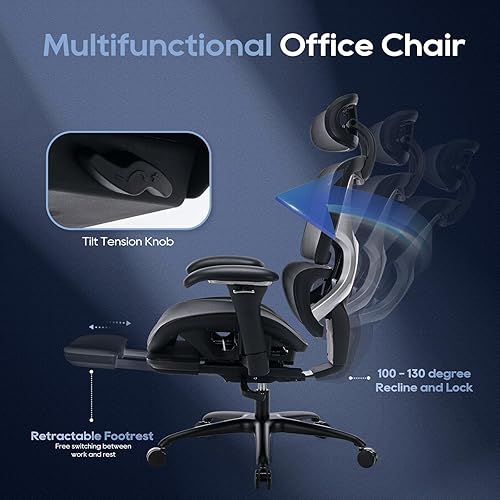Miniatura 3 de COLAMY Silla de oficina ergonómica de malla con reposapiés, silla ejecutiva de escritorio de computadora con respaldo alto y reposacabezas anchos y
