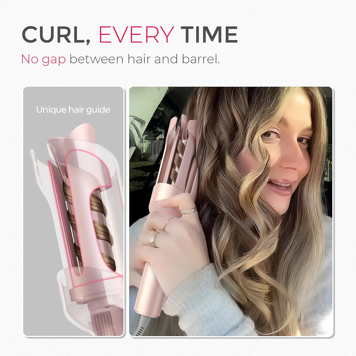 TYMO Automatic Rotating Curling Iron - TYMO CURLPRO Beach Waves Curling Wand, Portable Hair Curler, 500 Million Ionic, Dual Voltage & Lightweight for Travel, Ceramic Coating, 1 Inch, Rose Gold