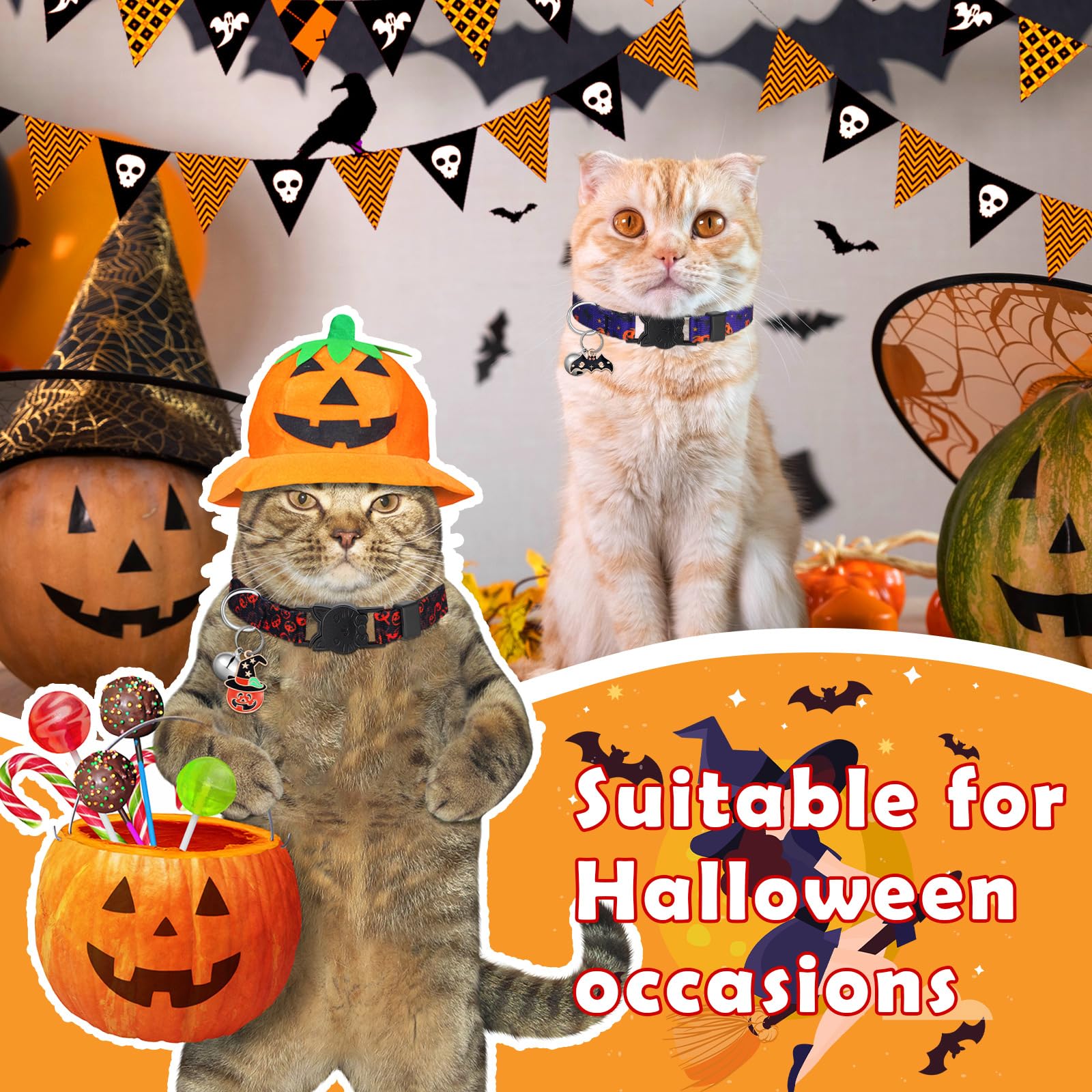 15 collares de gato para Halloween, collares de gato para otoño, Acción de Gracias, collares de gato con campana, collares ajustables para gatos de Navidad con hebilla de plástico, collar de gatito