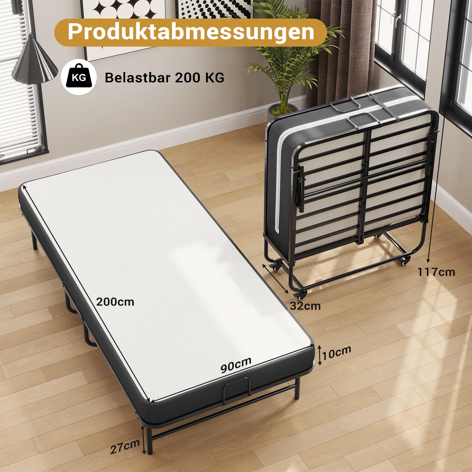 Brinlawb Gästebett Klappbar 90x200 cm mit 10cm Dicker Schaumstoff Matratze Klappbett 90x200 Erwachsene Langlebiger & Robuster Metallbettrahmen mit 4 Laufrollen Faltbares Reisebett bis 200 kg belastbar