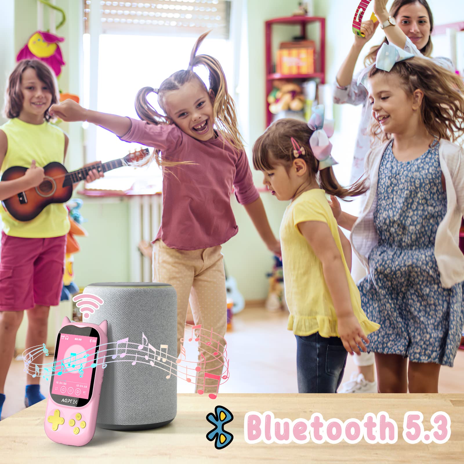 AGPTEK 32GB Reproductor MP3 para Niños, MP3 Bluetooth 5.3, 2.4" Pantalla TFT Reproductor de Música con botón de Reproducción, Volumen, Radio FM, Reloj Despertador, Tarjeta TF de hasta 128G, Rosa