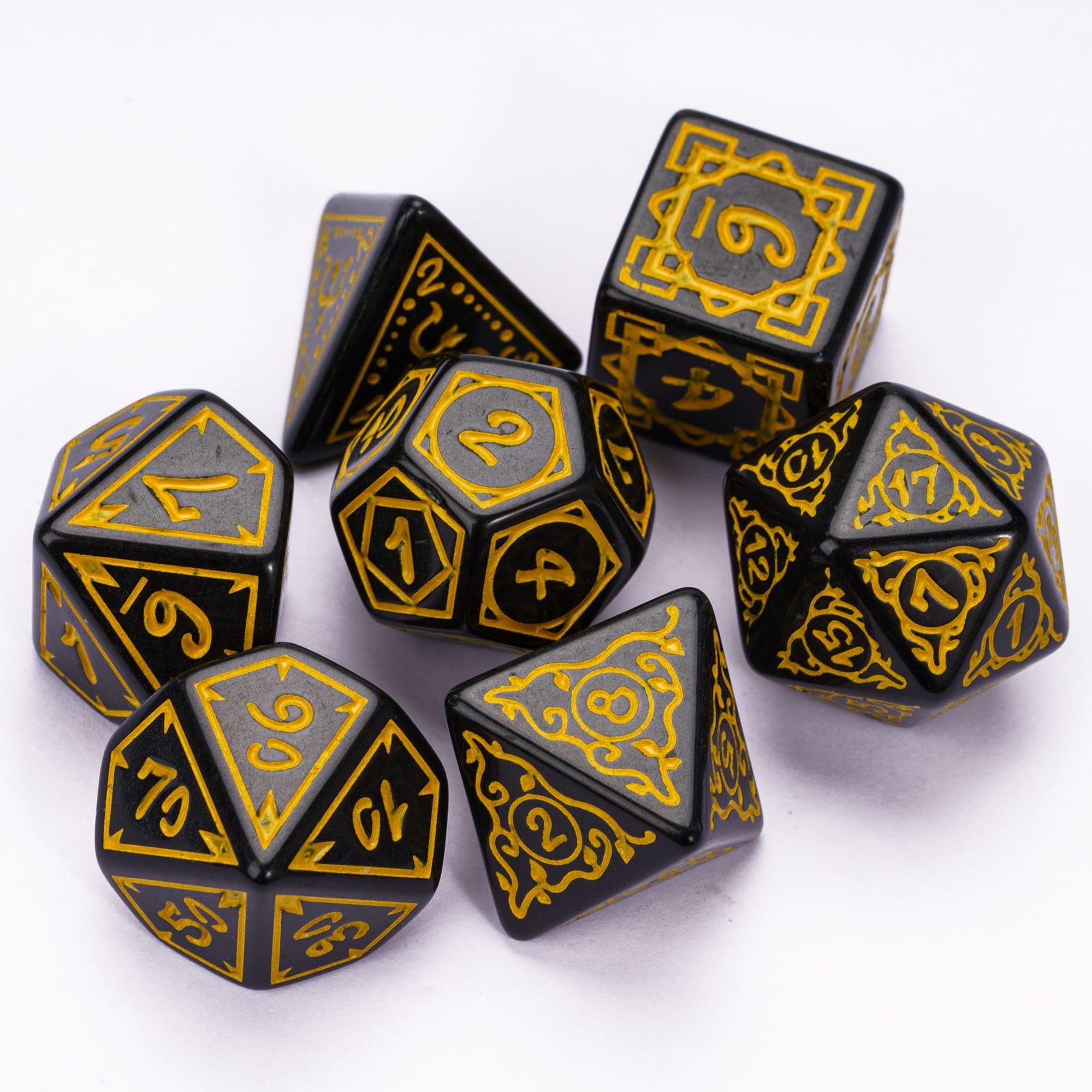D&D Lot de 7 dés polyédriques DND avec sac à dés en cuir pour jeux de rôle Donjons et Dragons (Druide, noir et jaune)
