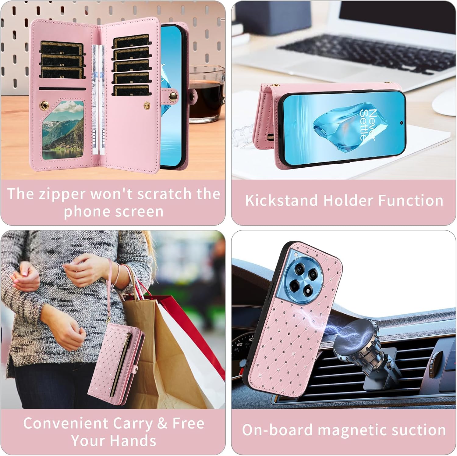 Asuwish Phone Case for OnePlus 12R 5G/Ace 3 2024 Zipper Wallet Detachable Cell Cover with Tempered Glass Screen Protector Crossbody Strap Bling Flip Credit Card Holder One+ 12 R R12 Ace3 Women Pink