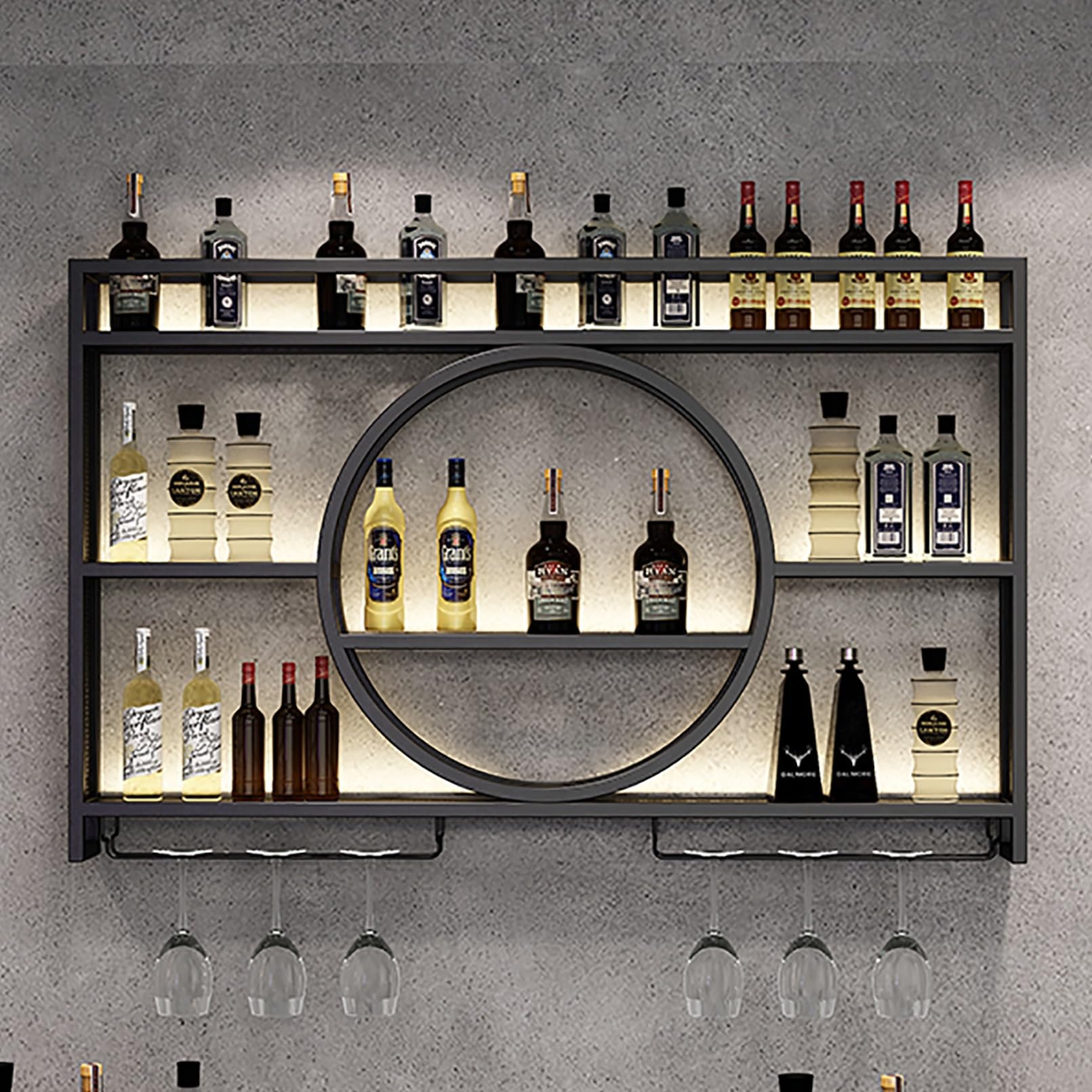 Estante de vino montado en la pared con luz , unidad de barra flotante estante de exhibición de botellas de licor, estante de almacenamiento multifuncional con soporte para copas de (100x15x80cm)