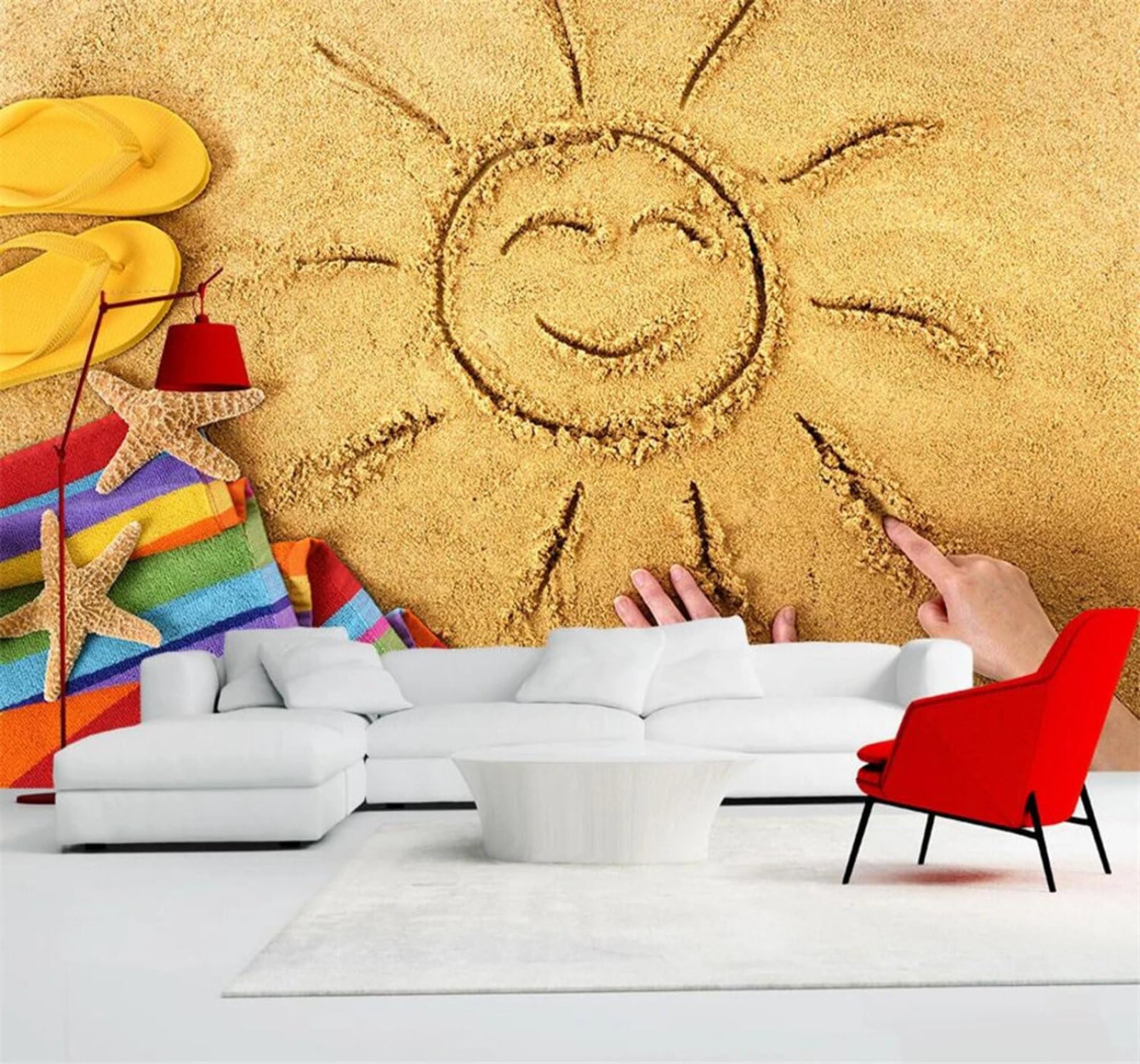 XLMING Fresh Cute Beach Hand Drawn Sun 3D Wallpaper Luxury Silk Study Dining Feature Sofa Grey Bedroom Living Room Tv Decorative Wall-200cm×140cm