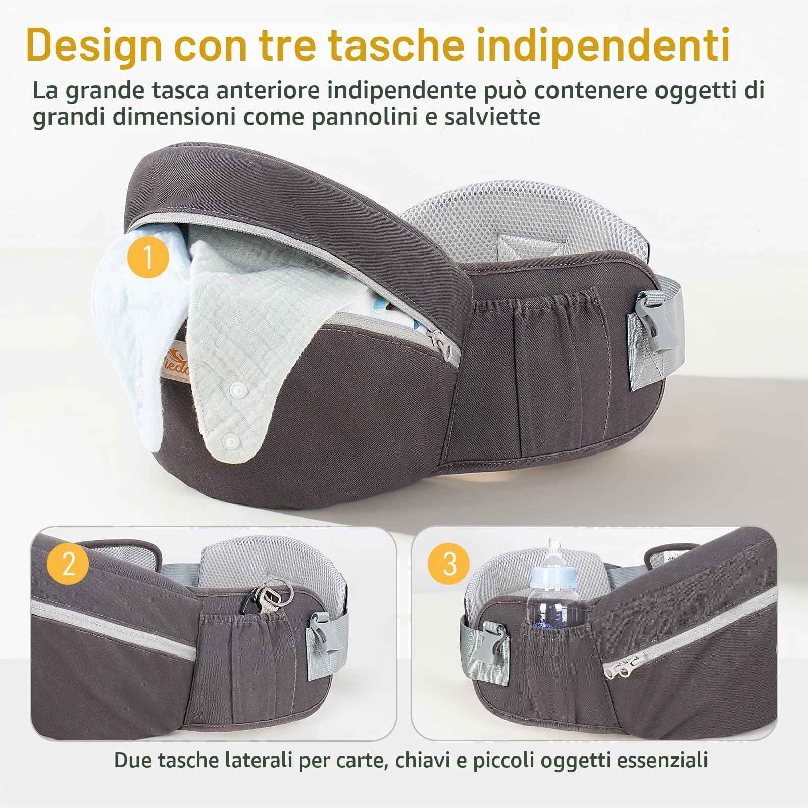 Viedouce Hipseat Marsupio Neonato Ergonomico, Neonati Marsupio Bambino con Cintura di Sicurezza, Leggero e Traspirante per 4-36 Mesi (Grigio Scuro)
