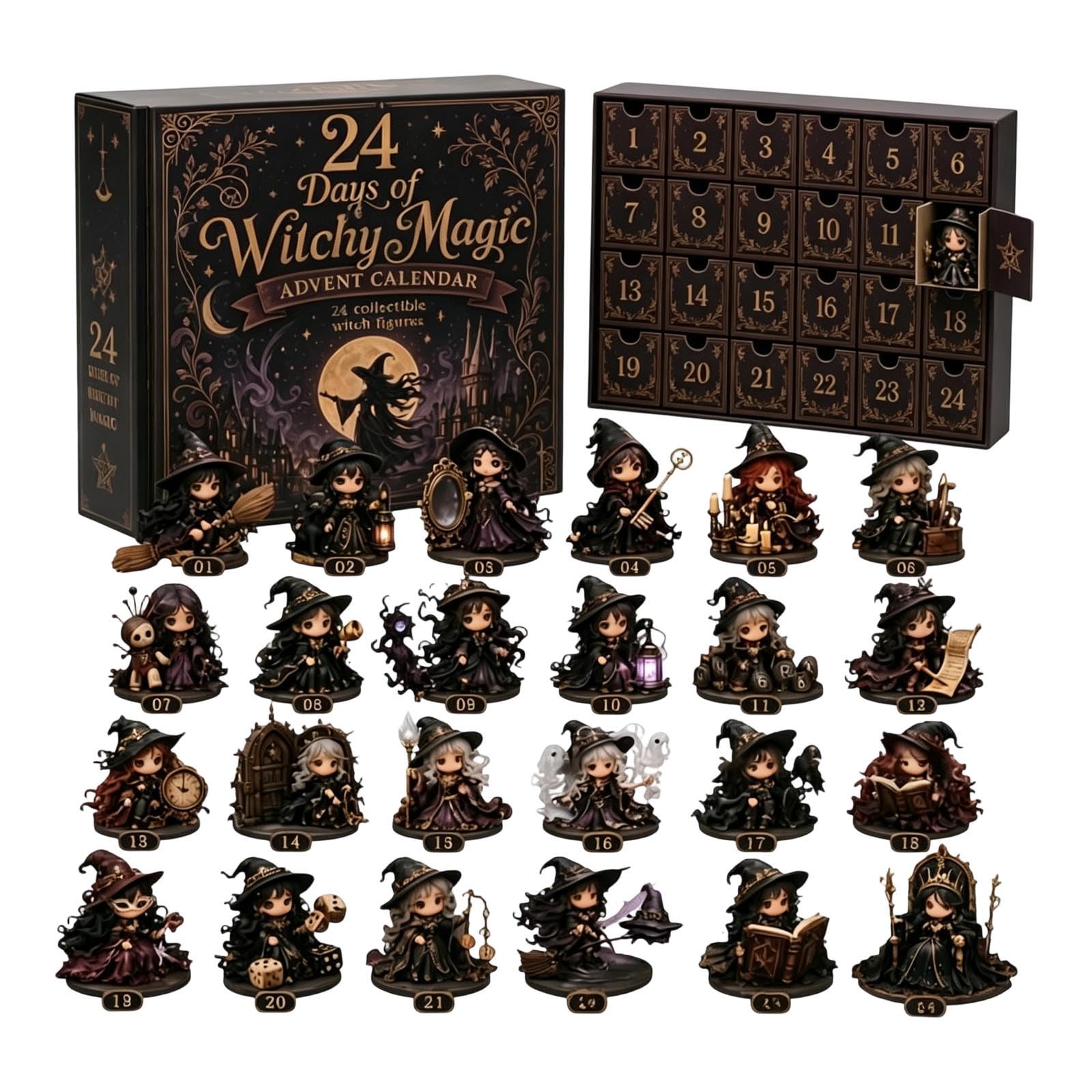 24 Days of 2D Acrylic Witchy Magic Advent Calendar 24 Witch Figurines Collectible Figures Mystery Surprise Desktop Decor Halloween Theme Girls & Witch Lovers