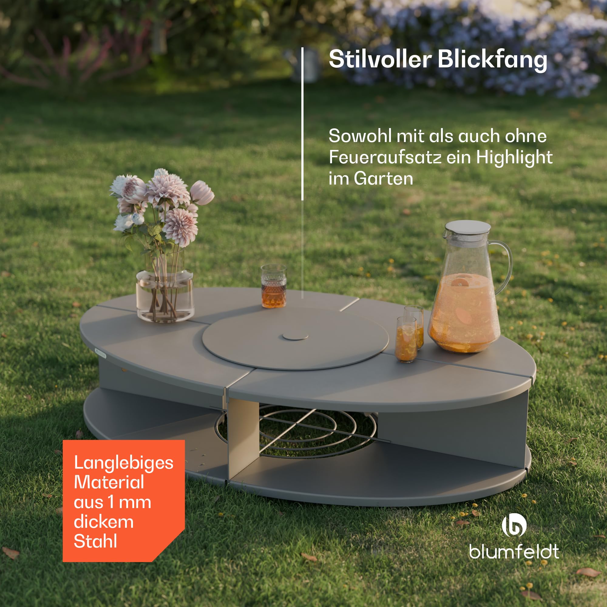 Blumfeldt Ebeko Feuerschale - 3-in-1 Feuerschale Mit Grillrost & Tisch, Robuster Stahl, Inkl. Funkenschutz, Schürhaken, Holzscheitablage & Regenschutz, Perfekt Für Garten & Terrasse