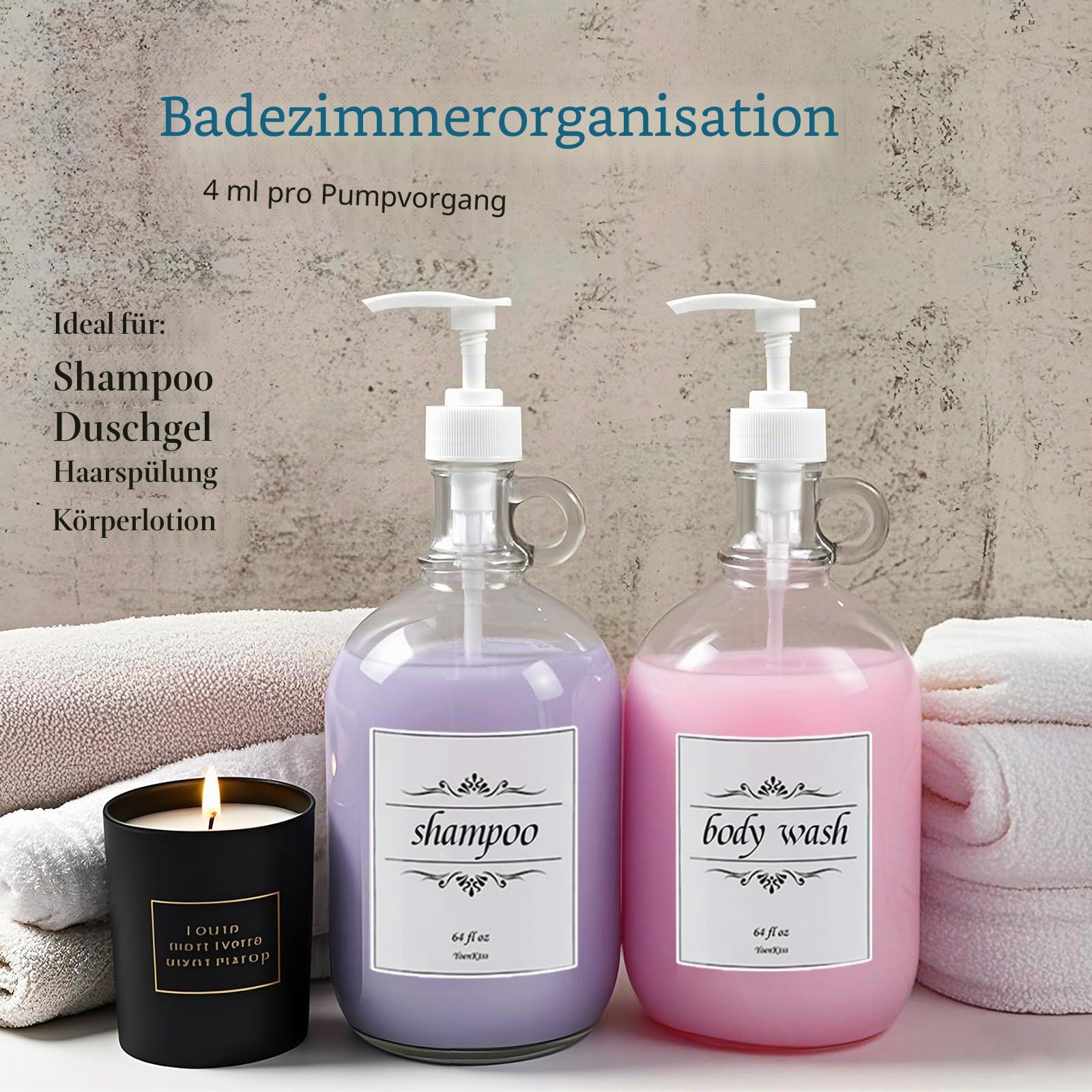 Waschmittelspender mit Pumpe und Deckel, Glasflaschen für Waschküche, Organisation und Aufbewahrung, Weichspüler-Spender für Waschmaschine, 2 Stück