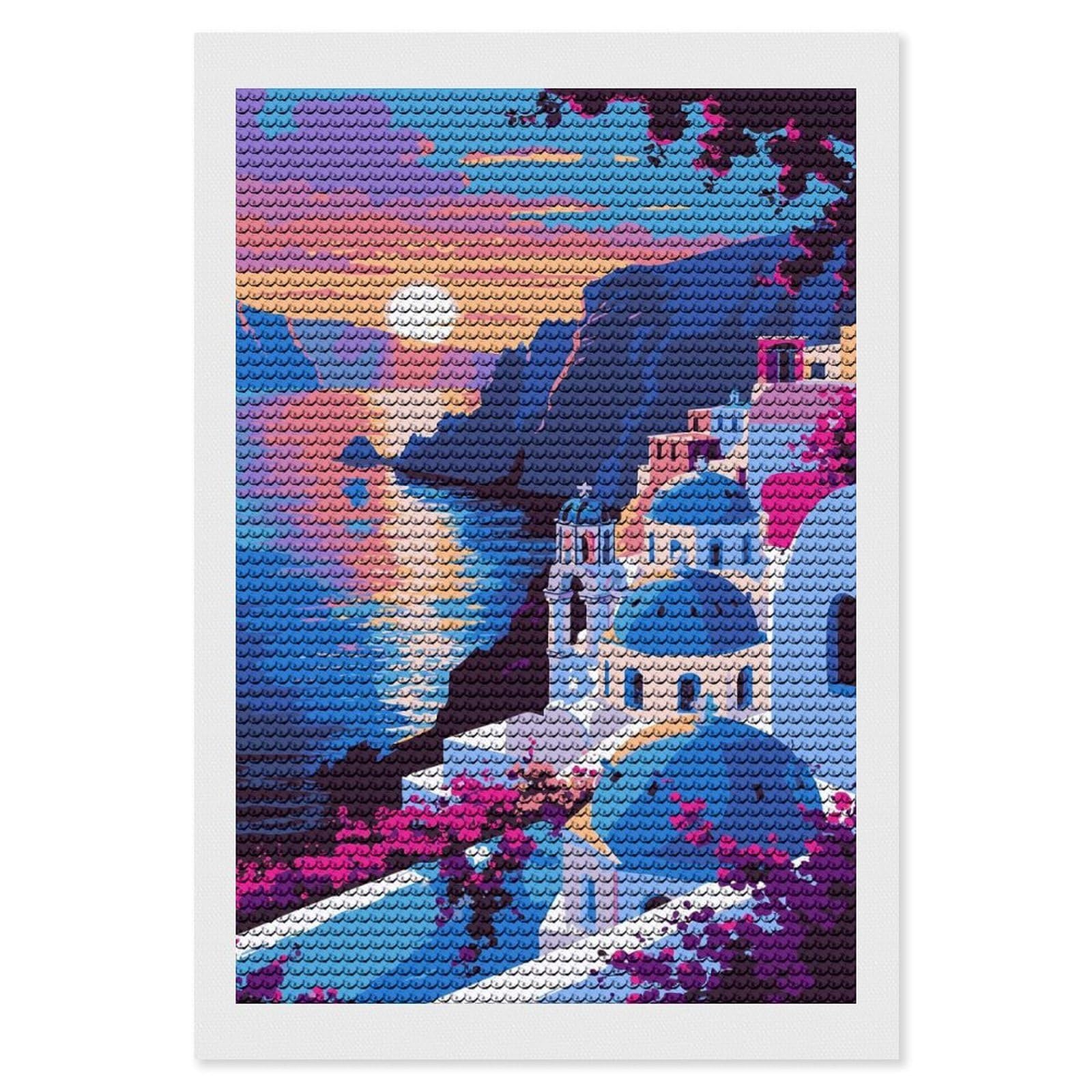 Junmoney Santorini Sunset Illustration(2) Diamond Art Kit 8"x12", Modern Decor, Farmhouse Decor, Home Wall Art, Festive Craft Gift, Handmade Wall Decor