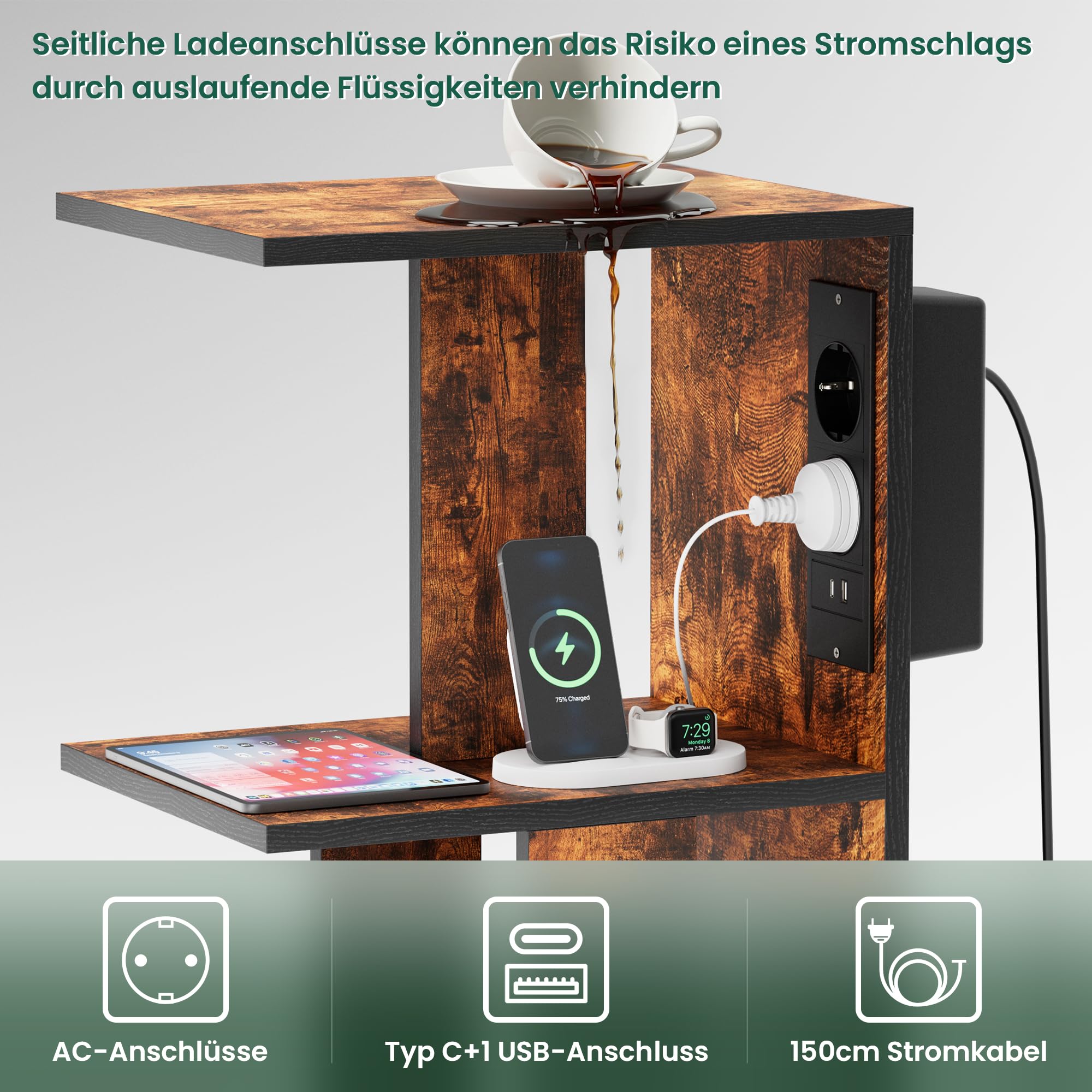 Pamapic Beistelltisch, Nachttisch mit Steckdose, Beistelltisch Schmal, 3 Ablagen C-Form Sofatisch,Couchtisch mit Rädern und Ablagefläche, Nachtschrank für Wohnzimmer, Schlafzimmer, Industriell