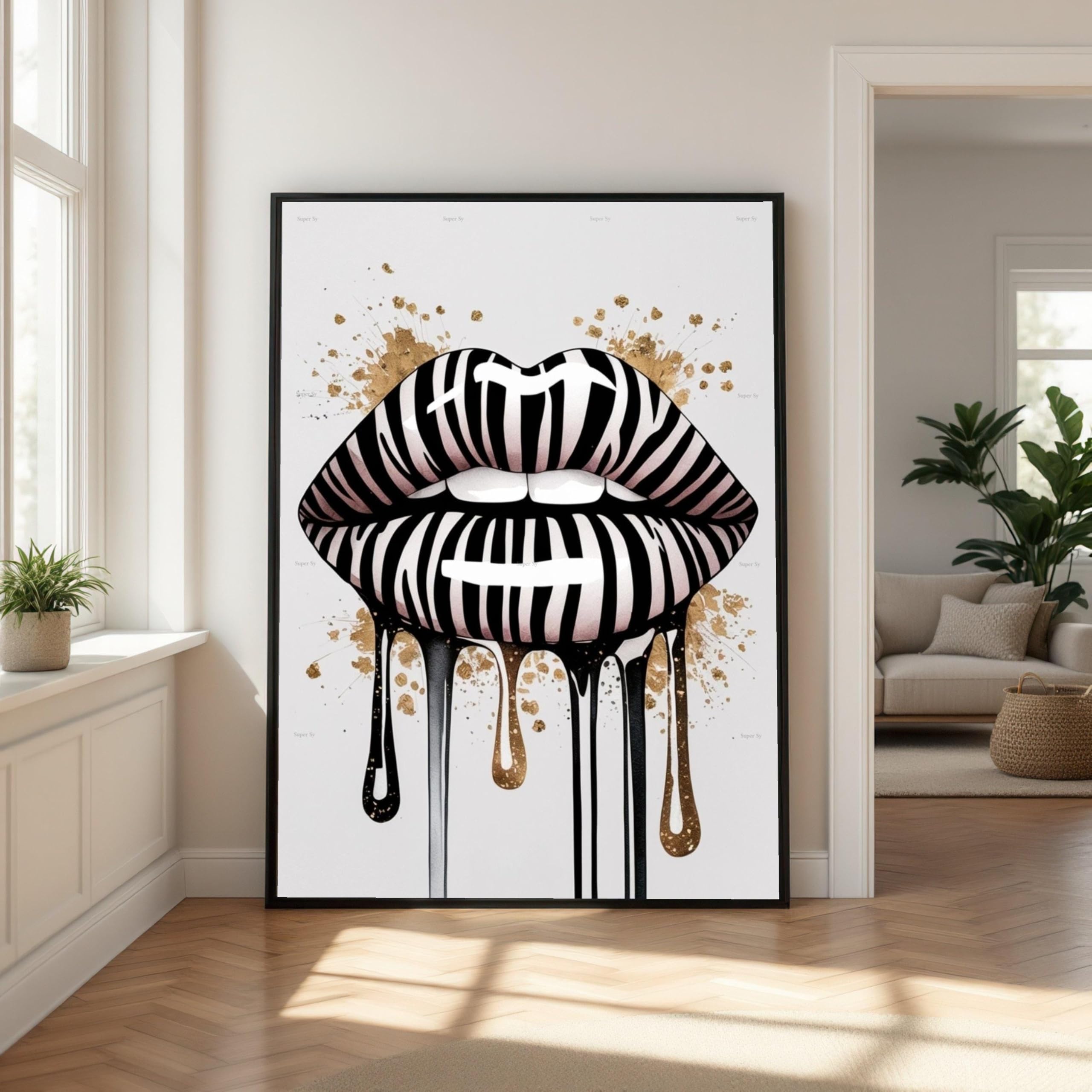 Lmycheng Frameless Zebra Stripe Lips Canvas Wall Art, Pop Art Painting, Abstract Lip Design Artwork, Home Decor Canvas Print(70X110cm/Frameless)