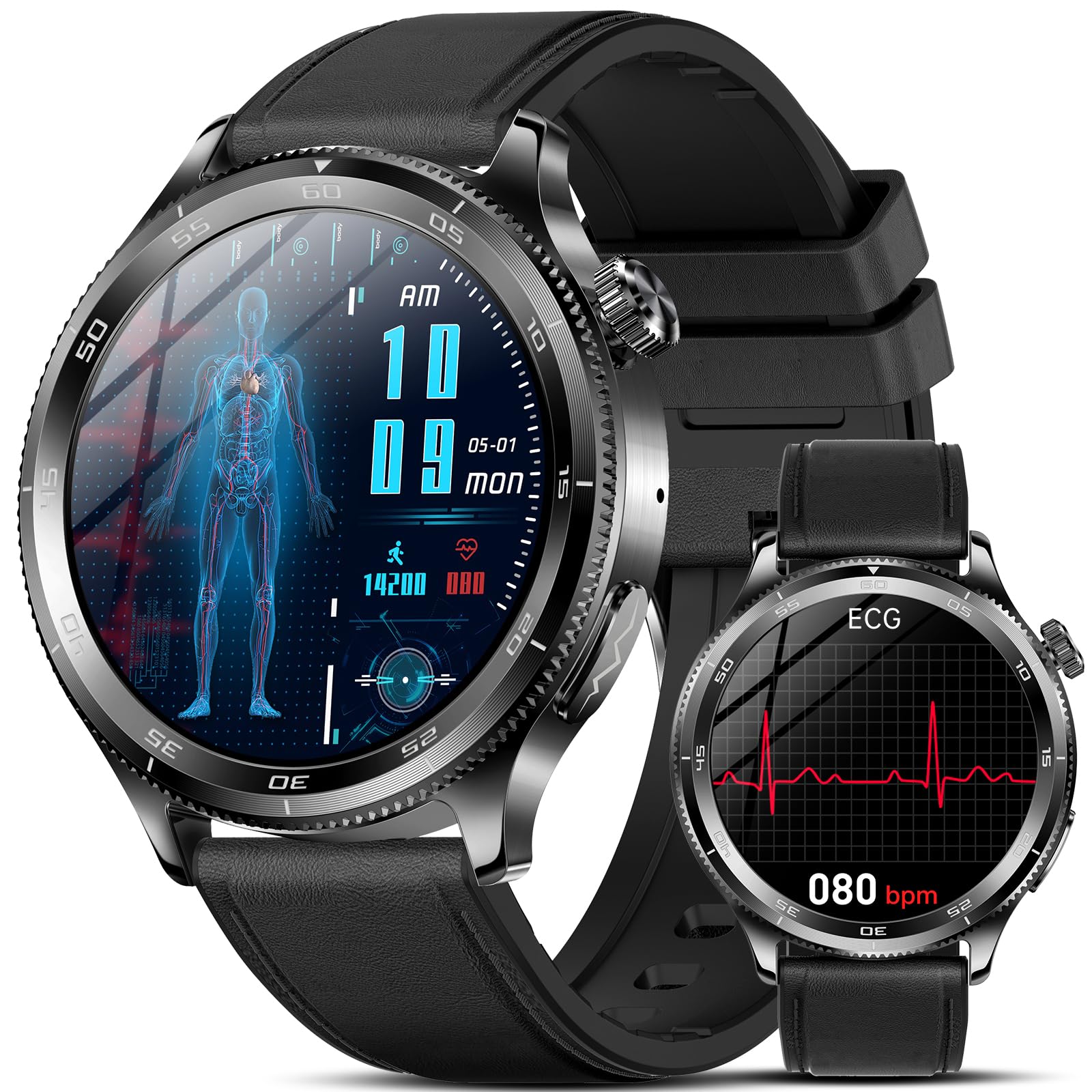 Marsyu 2026 Reloj Inteligente Hombre ECG/24H Pulsómetro Presion Arterial | Reloj Salud con Redonda Pantalla AMOLED 1,43" Composición Corporal/HRV/SpO2/30s Mini Chequeo/IMC/Temperatura Corporal/SOS