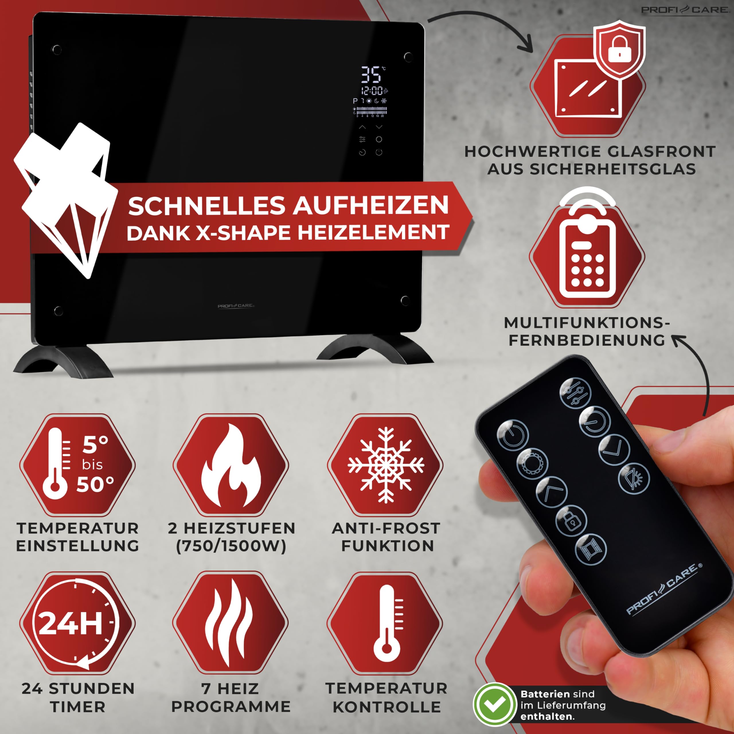 ProfiCare® PC-GKH 3118 Electric Heater With Glass Front & X-Shape - Foto 3