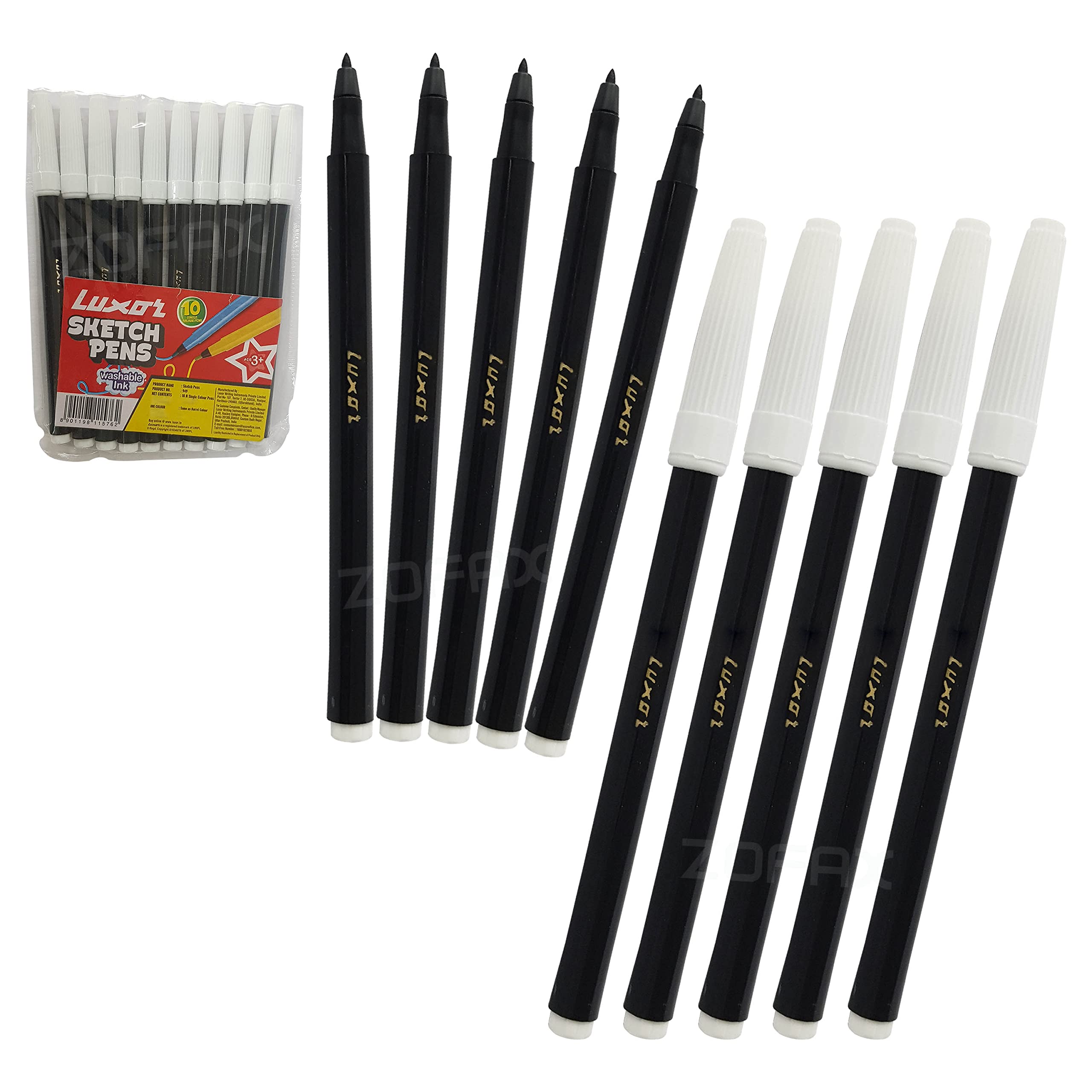 LuxorColory Single Colour Felt Tip Colouring Pens, BLACK, Pack of 10, Draw Colour Mark Sketch Write, Kids Children Parties School Office Home Use