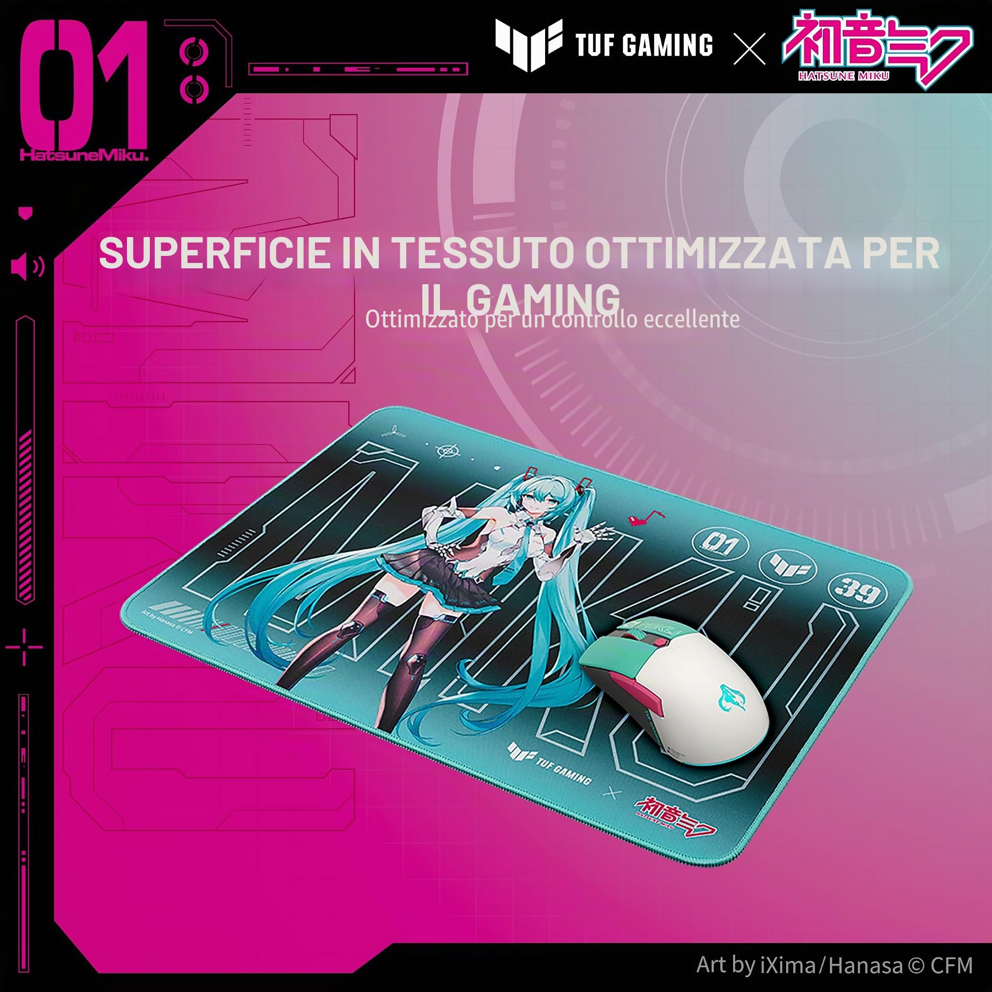 ASUS TUF Gaming P1 Hatsune Miku Edition Tappetino per mouse portatile da gaming, 25,4 x 20,3 cm (medio), rivestimento protettivo, impermeabile, cuciture resistenti agli UV, base in gomma antiscivolo