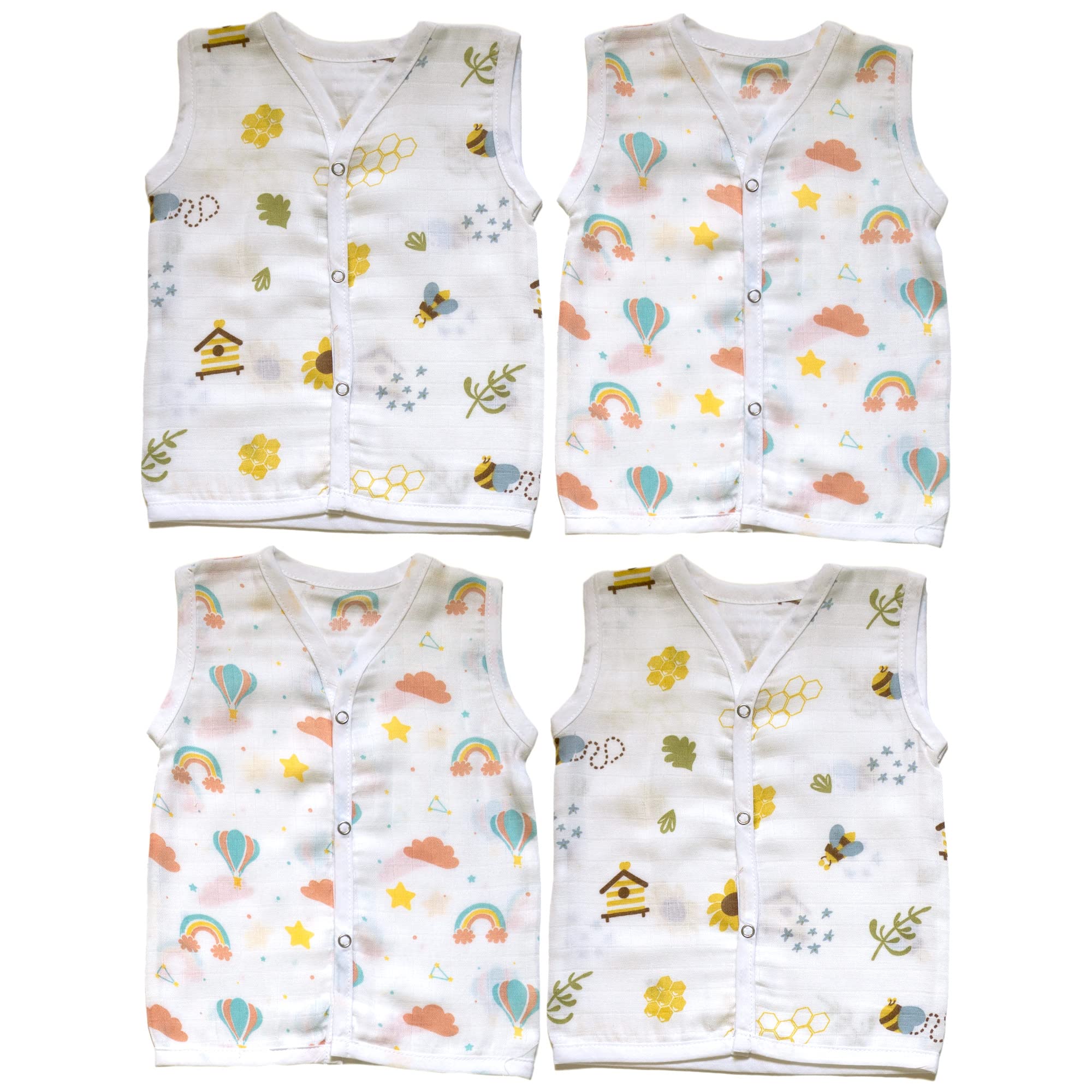 PROFAB Newborn Baby's Super Soft Cotton Printed Muslin Jhabla for Baby, Anti-Microbial for Boys and Girls, 3-6 Months (Pack of 4, Beehive 2 Pcs & Rainbow 2 Pcs)-image-1
