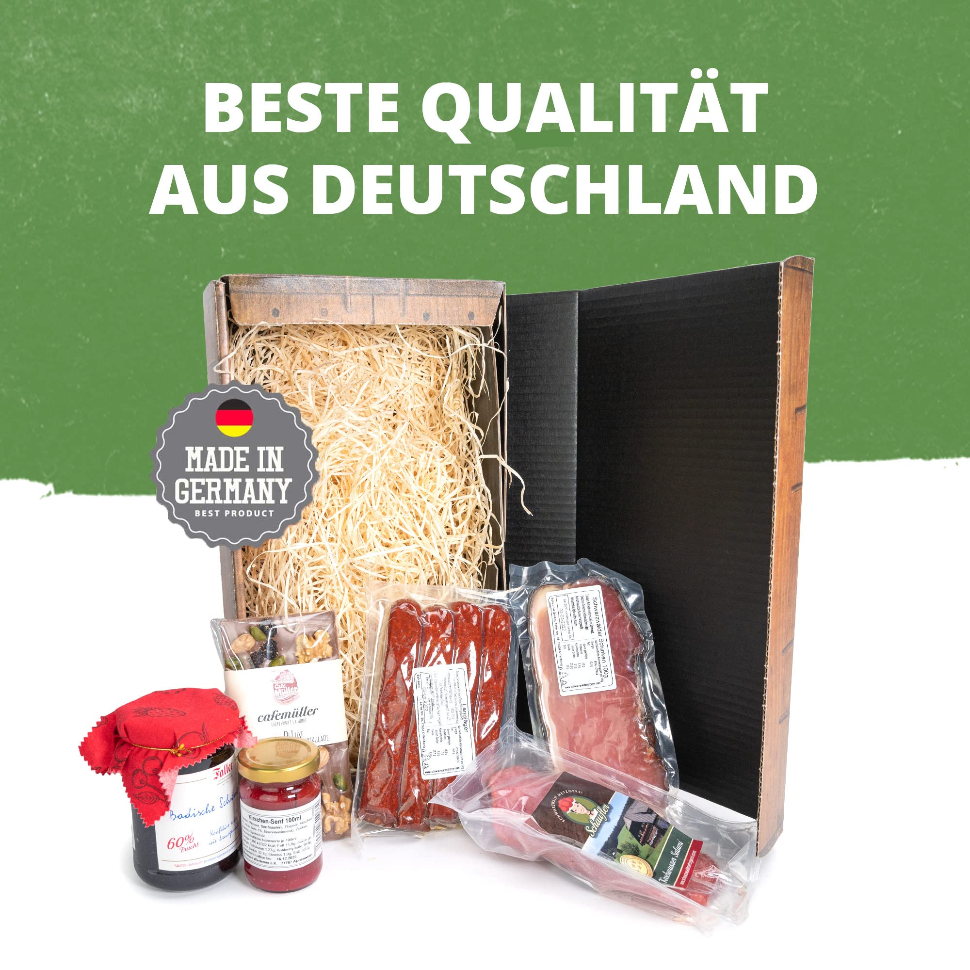Kirschkiste 6-teilig Schlemmergeschenk mit Kirschmarmelade, Kirschsenf, Kirschwassersalami, Landjäger, Schokolade und Schinken aus dem Schwarzwald