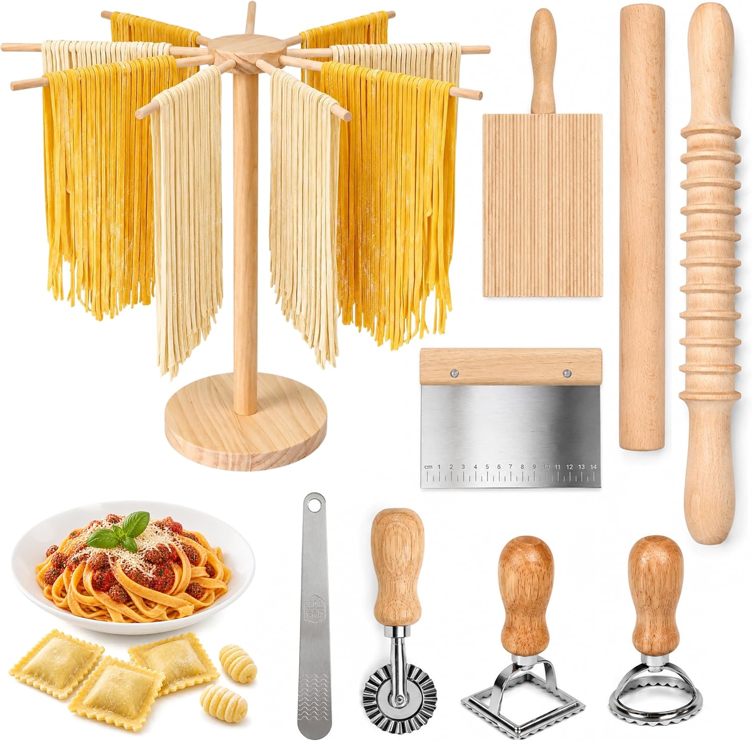 9PCS Pasta Making Kit Drying Rack Wood Rolling Pin Italian Ravioli Stamps