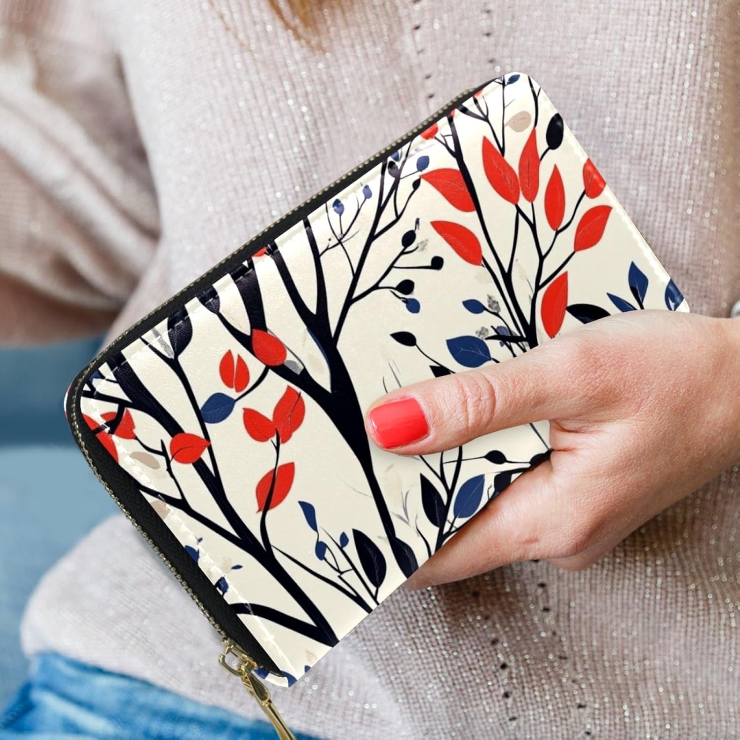 レディース 長財布 ロングウォレット Colorful Tree Pattern 革 二つ折り財布 ファスナー 使いやすい 大型小銭