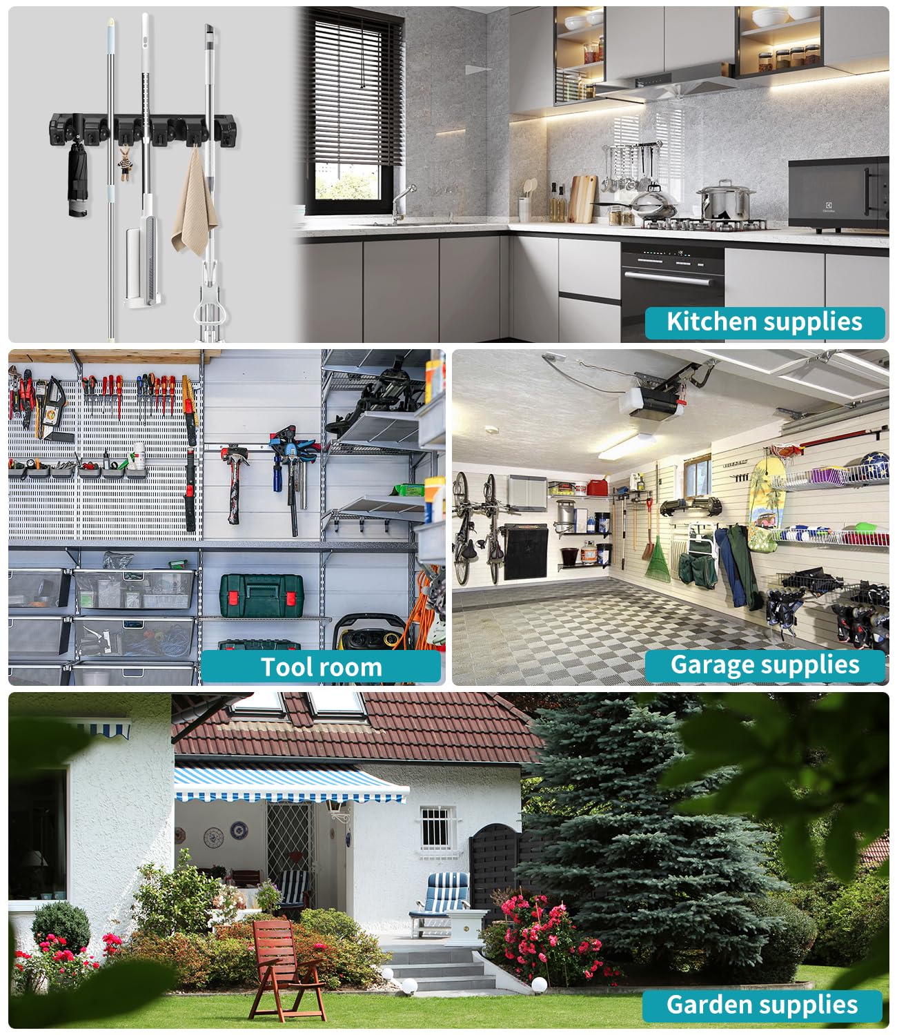 2 Pièces Balai Porte-Balais Mural avec 10 Emplacements et 12 Crochets – Support Mural pour Outils de Jardin et Garage