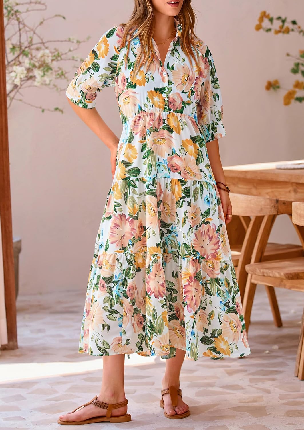PRETTYGARDEN Women Casual Summer Dress Short Sleeve Floral Print Beach Maxi Dresses (Floral White Apricot,Large) - Image 4