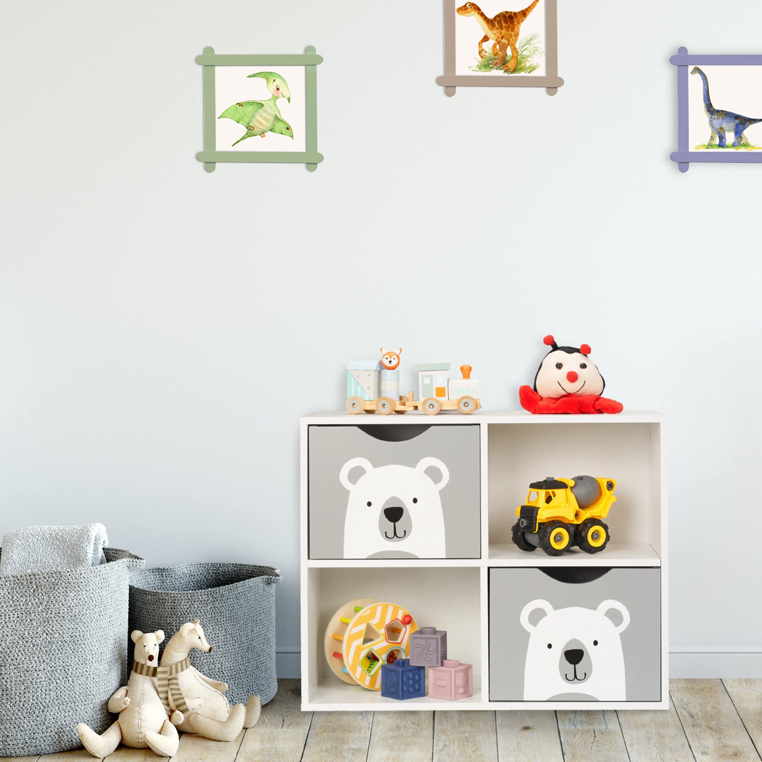 Relaxdays Scaffale per Bambini, 2 Cassetti Portagiochi, HLP: 48x60x24,5 cm, Libreria per Cameretta Giochi, Bianco Grigio