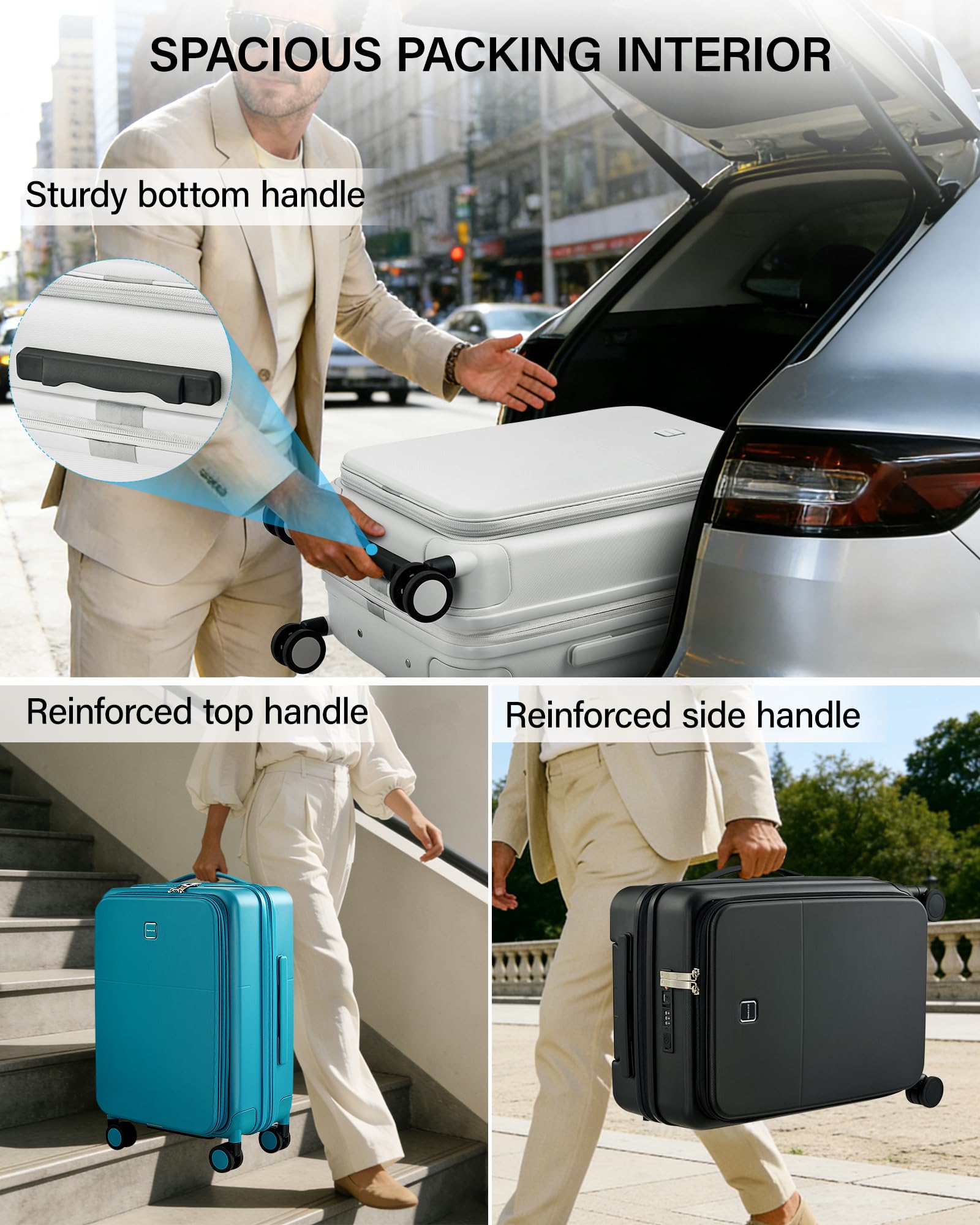 Hanke Equipaje extensible de apertura superior con portavasos y puertos USB, Blanco ahumado., Expandable 24 Inch, Equipaje de apertura superior con portavasos y puertos USB