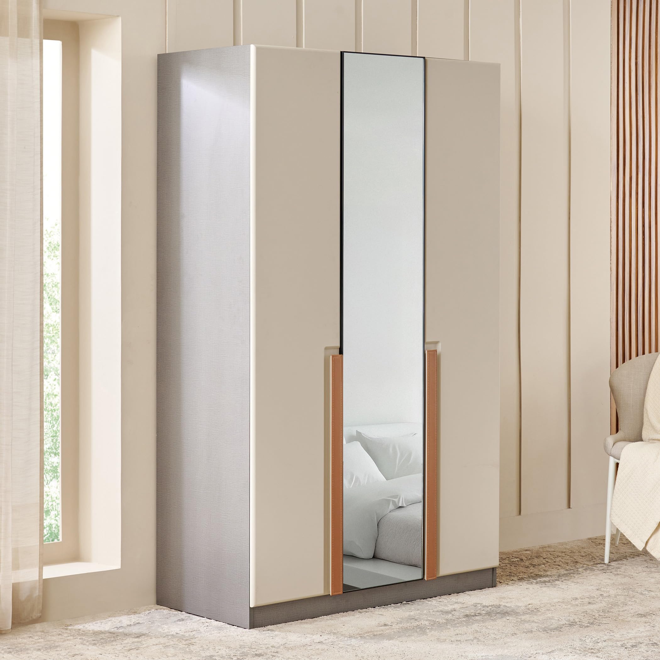Home Centre Tiffany 3-Door Wardrobe with Mirror - Cream and Grey-image-16