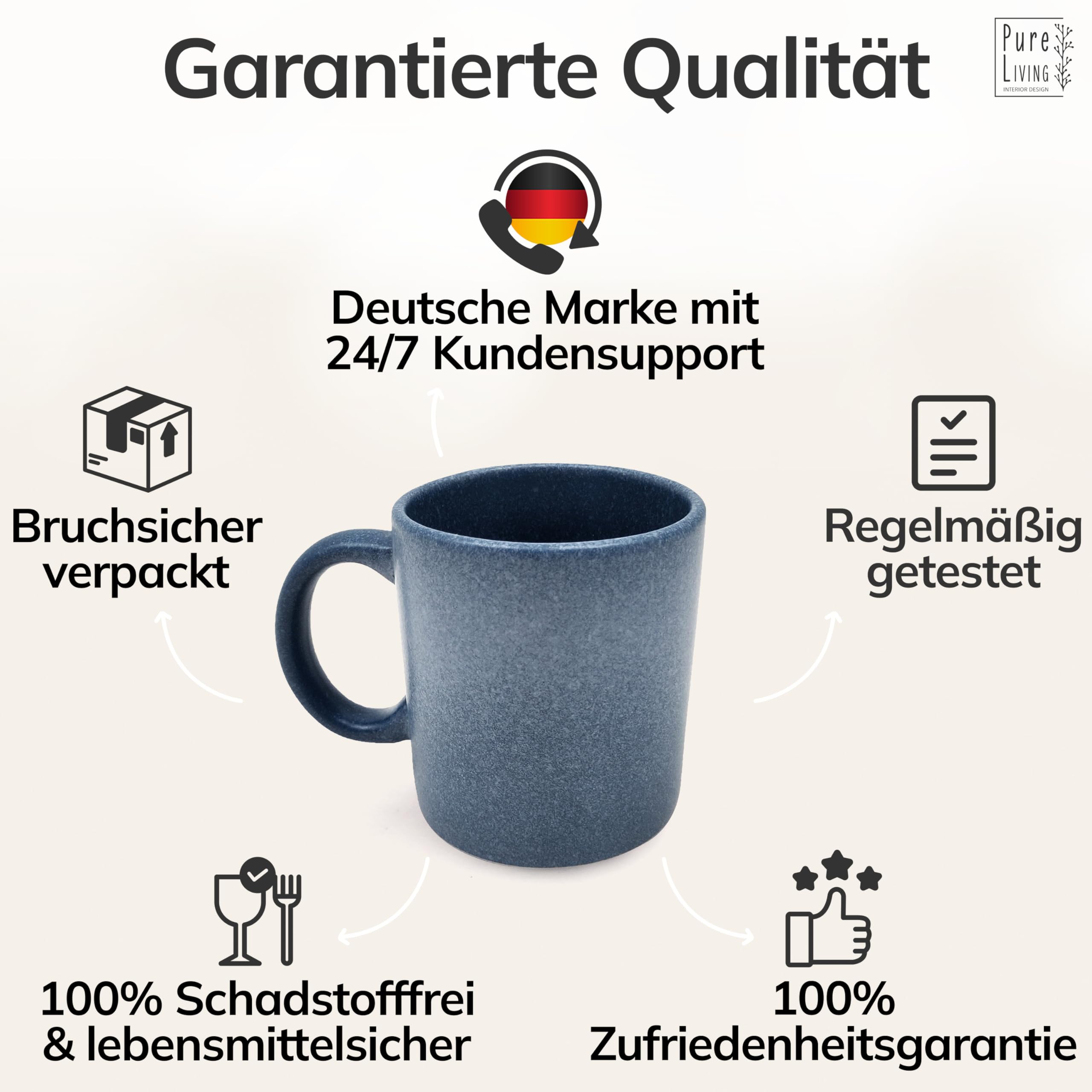 Steingut Kaffeetassen 6 Pers. Hochwertiges Urban Style TEST SEHR GUT Tassen Set, Spülmaschinen-, Mikrowellen- und Kratzfest- Stylisches Tee- und Kaffeebecher Set- Pure Living in matt Blau