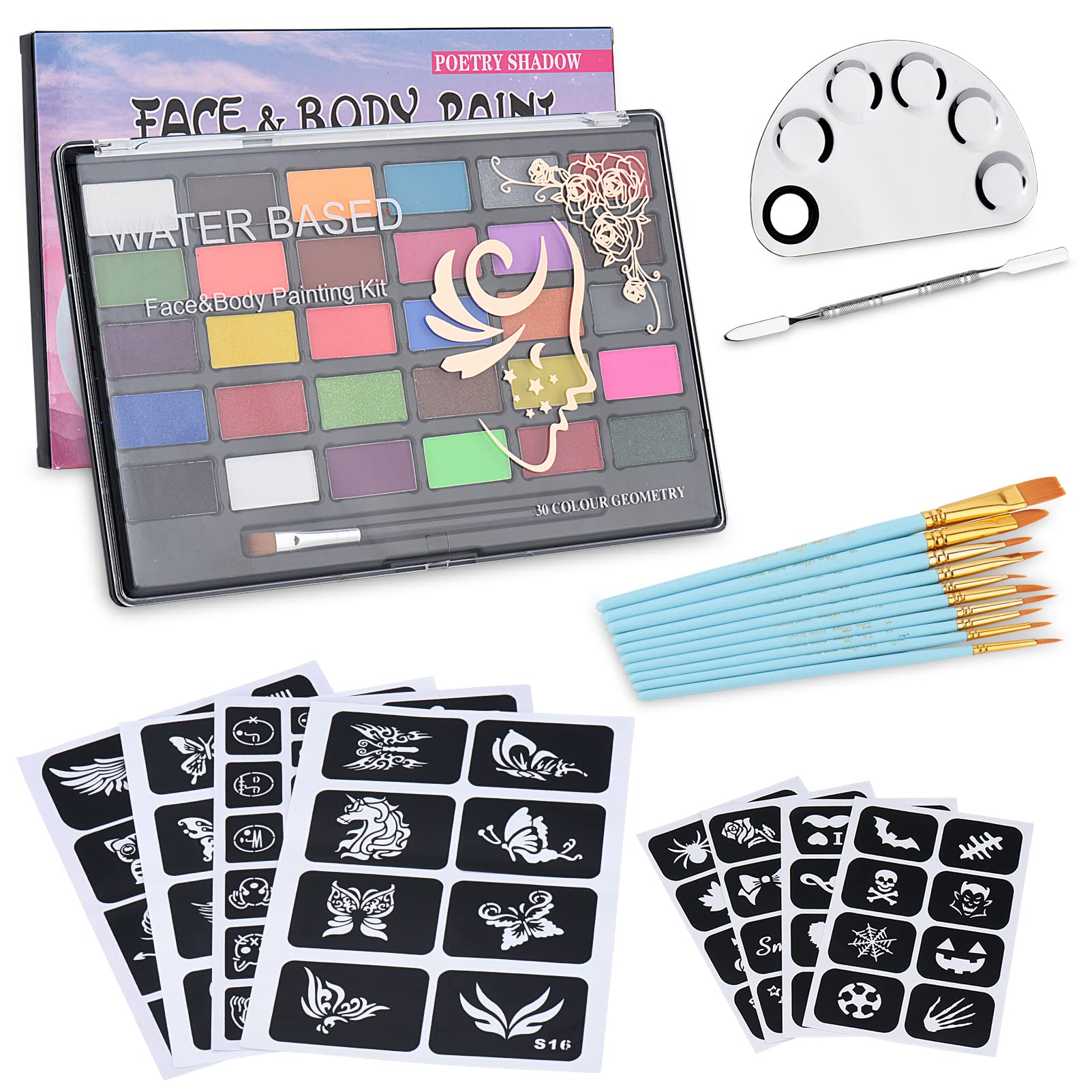 30 Colors Face Body Paint Kit Water Based Paints with 10PCS Paint Brushes and Palette Face Painting Kits for Kids and Adults Make-up Palette Cosplay and Parties