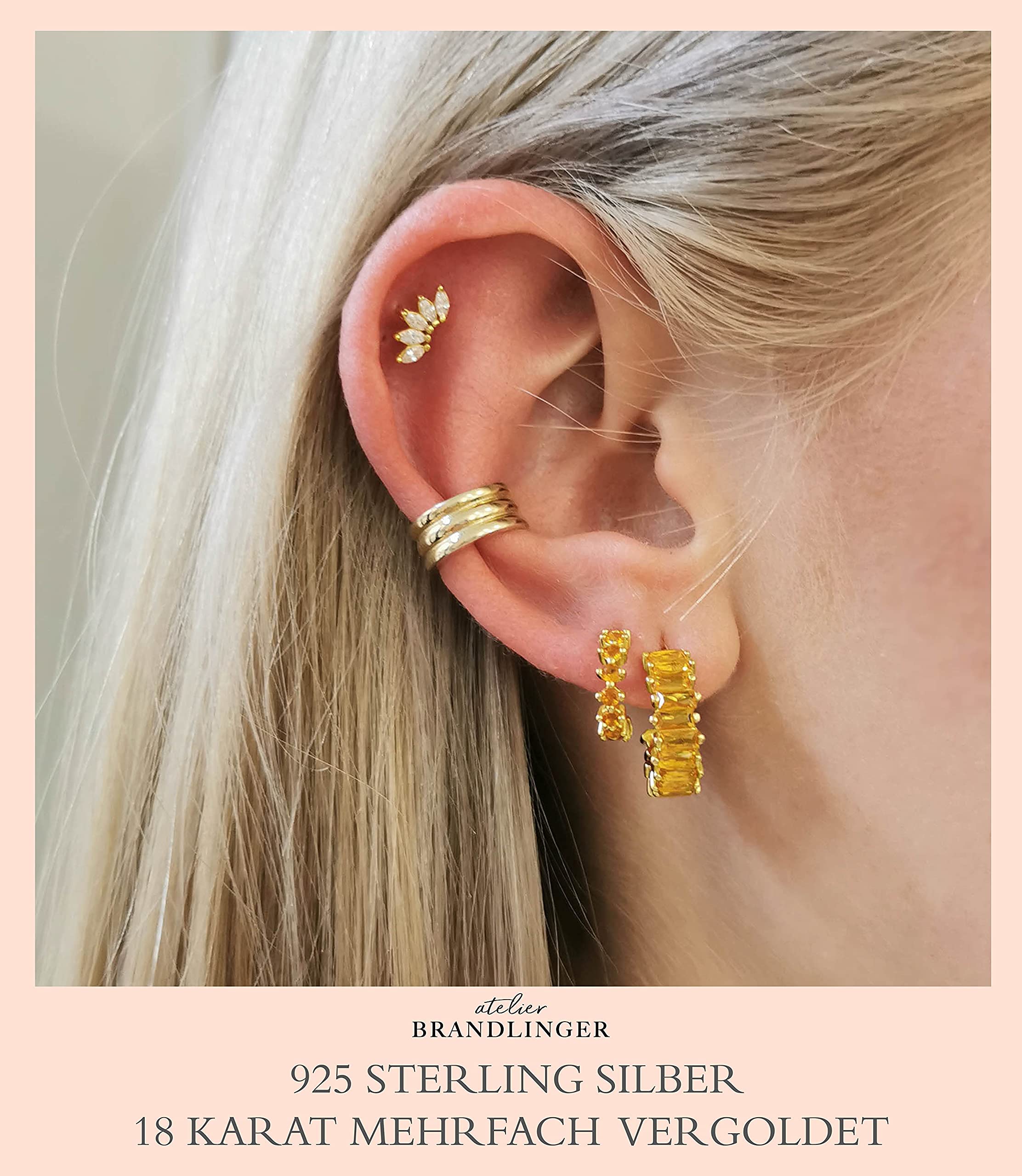 Ohrringe Silber 925. Creolen Gold mit Zirkoniasteinen Baguetteschliff bunt. Schmuck Damen vergoldet mit 18 Karat (Silber und Gold) für Frauen und Mädchen. Durchmesser der Huggies: 15mm.