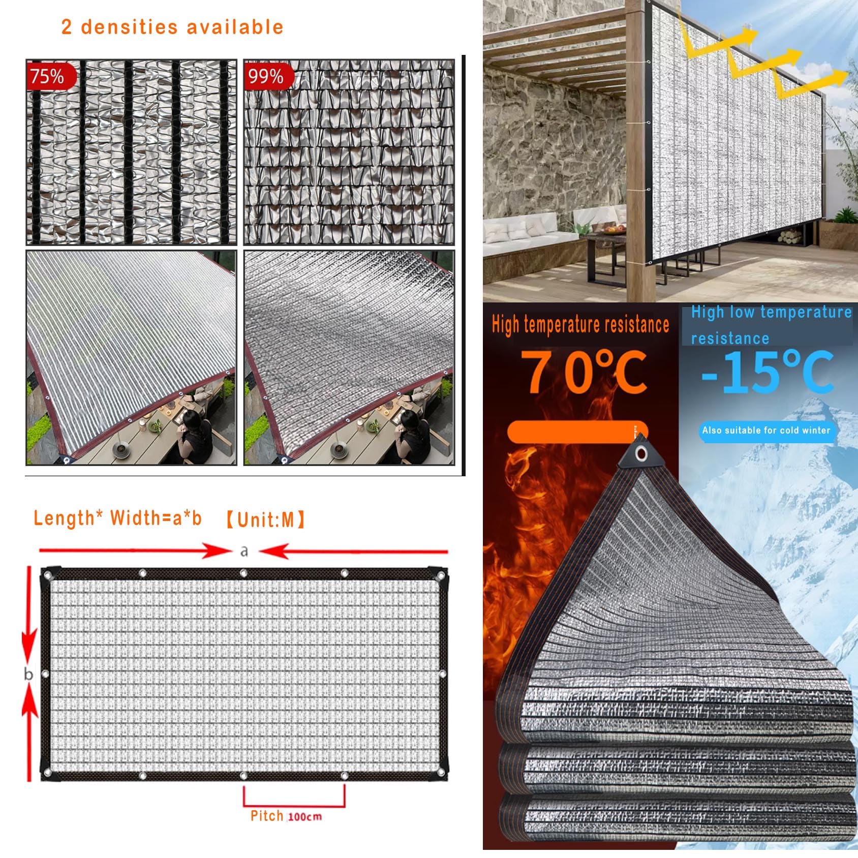 Tela plateada reflectante al 75 % para invernadero, cochera, jardín y plantas, malla de sombra con ojales para una protección solar eficaz y reducción del calor