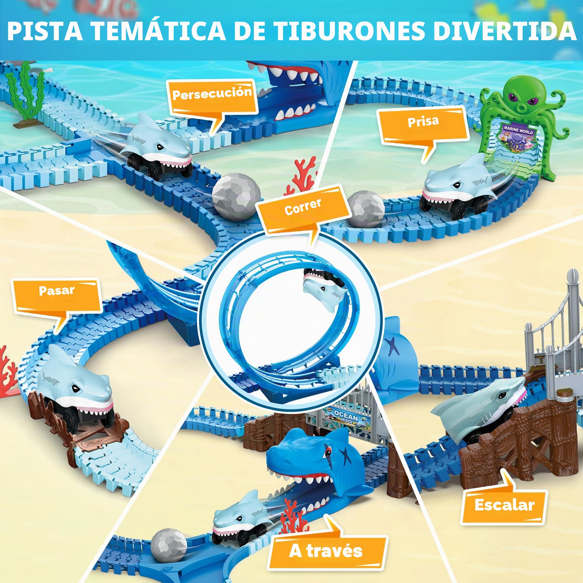 VATOS Shark Track Toys - Juego de pistas de carreras flexibles de 219 piezas con bucles de 360°, auto eléctrico de tiburón y rotación automática, crea una carrera de carretera temática de tiburón