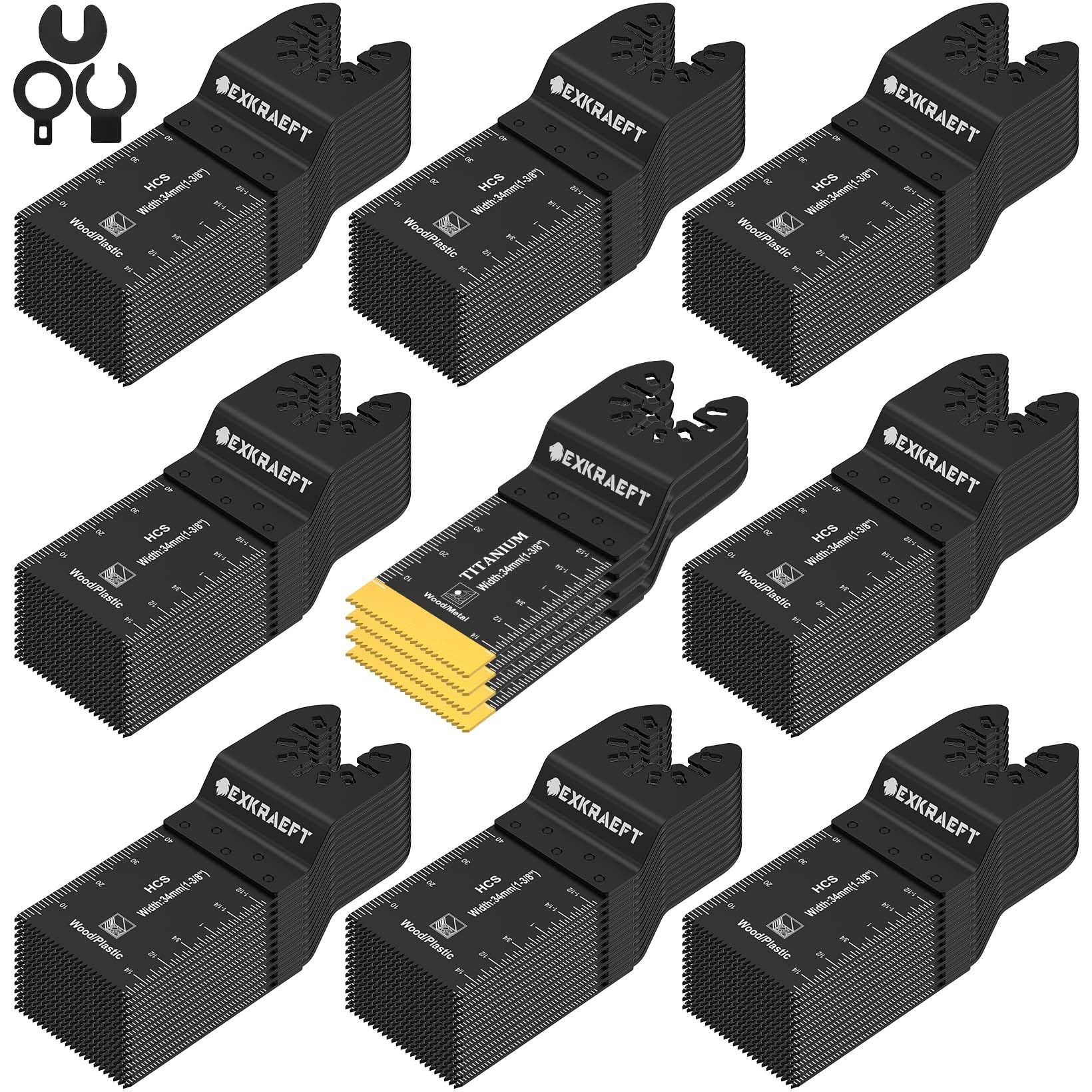 EXKRAEFT 100 hojas de sierra oscilantes profesionales universales de titanio para clavos de metal, madera y plástico, accesorios multiherramienta para Dewalt, Milwaukee, Ryobi, Rockwell Fein (100