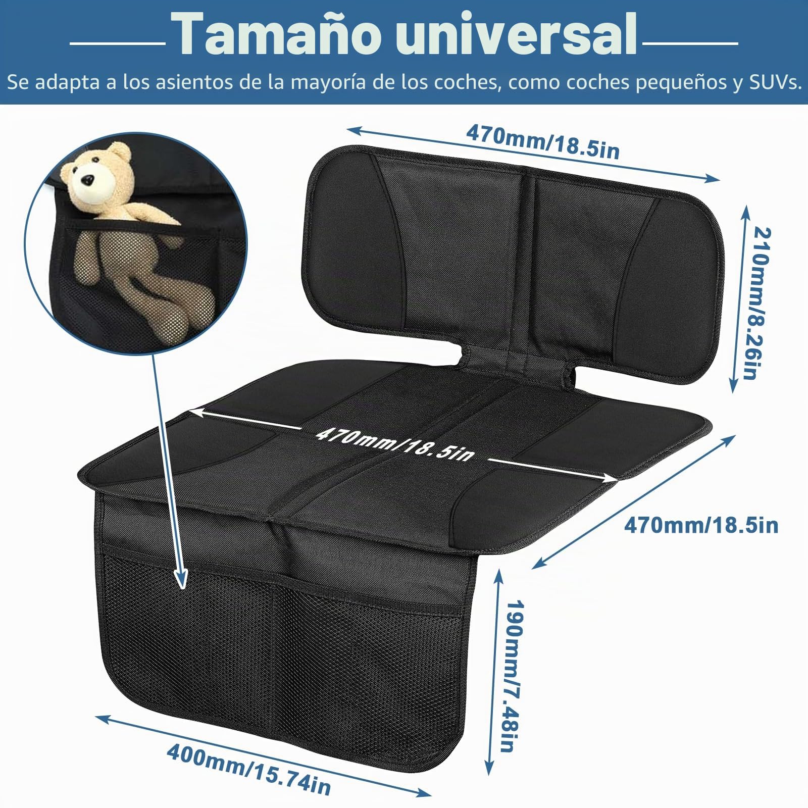 Raxfekro Protector de asiento de coche universal compatible, 600D Oxford Protector de asiento infantil para coche, antideslizante, impermeable, con bolsillos de malla (negro)