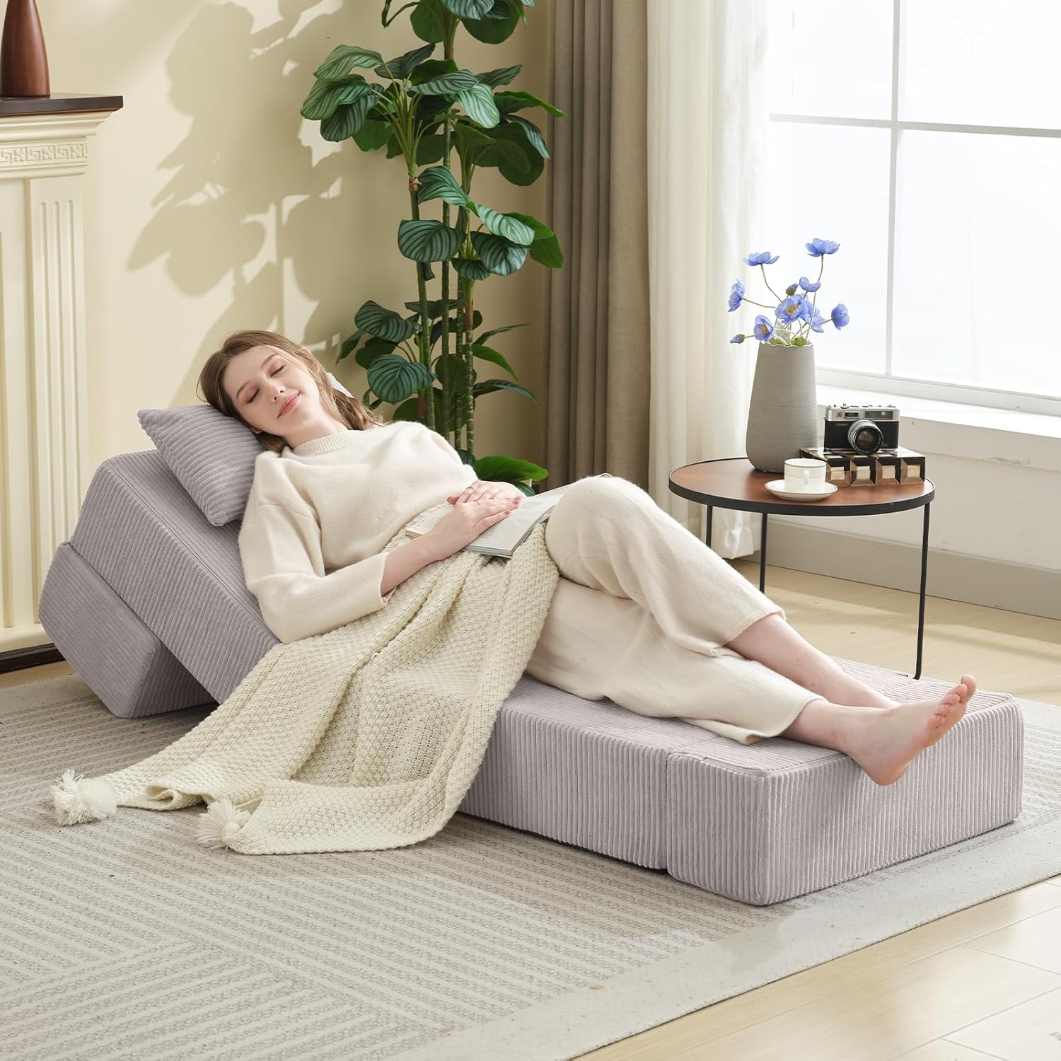 Folding Sofa Bed,Convertible Fold Out Couch,Portable Foldable Floor Mattress Sleeper Chair with Pillow,Adjustable Backrest Support,Lazy Sofa for Living Room,Single,Light Grey