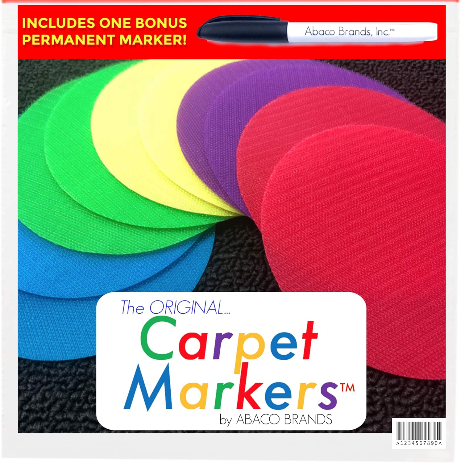 The Original Carpet Markers by Abaco Brands | 30 Pack of 5" Circles in 5 Colors w/Free Permanent Marker | OKEO-TEK Certified Child Safe | Rigid Industrial Grade Nylon | sit dots Spots Classroom Kids : Office Products