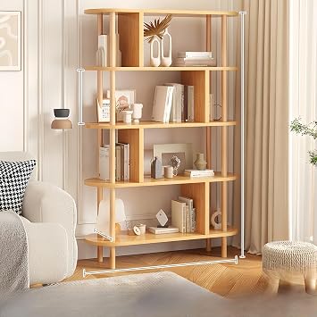 Modern Bookshelf with Removable Design, Small Footprint and Thick Panels - Elevated Base Display Case for Storage - Rounded Corners - Natural Finish - A580