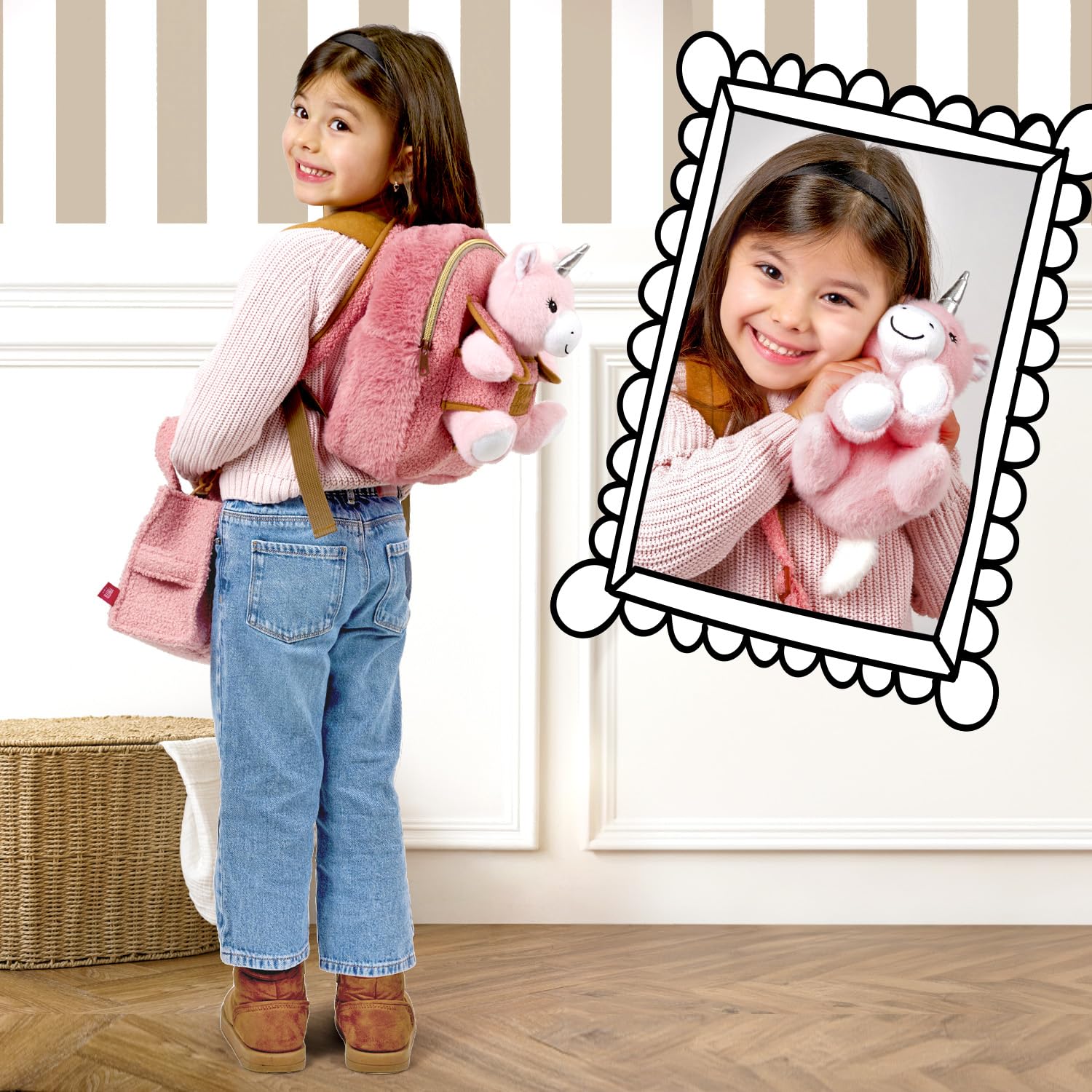 PERLETTI Sac à Dos Peluche pour Enfant 3 4 5 Ans - Mini Cartable Doux Mignon de Voyage et Doudou Animal École Maternelle - Petit Jouet et Sacoche Petite Fille Garçon Bébé - 27x21x9 cm (Licorne)