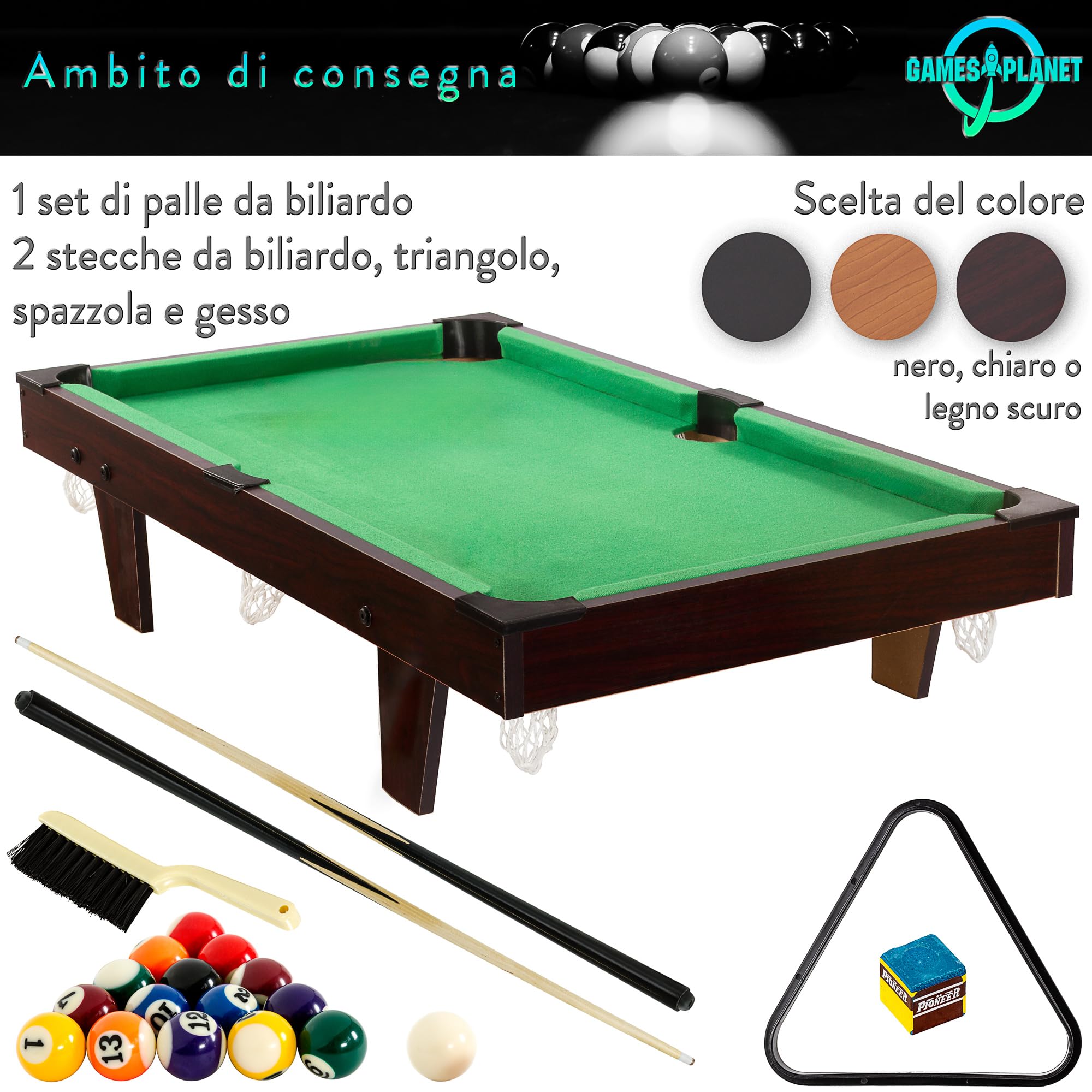 GAMES PLANET Mini tavolo da biliardo Micro incl. accessori (2 stecche, palle, triangolo, gesso, spazzola), 3 decori, dimensioni: 92 x 52 x 19 cm